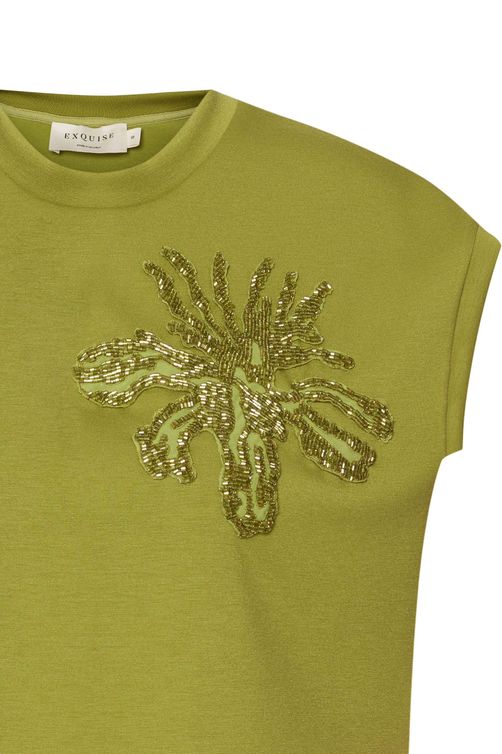 Beaded Embroidered Crewneck Green T-shirt