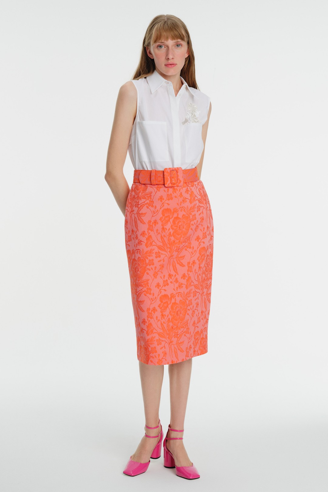 Floral Patterned High Waist Pencil Skirt with Belt 1