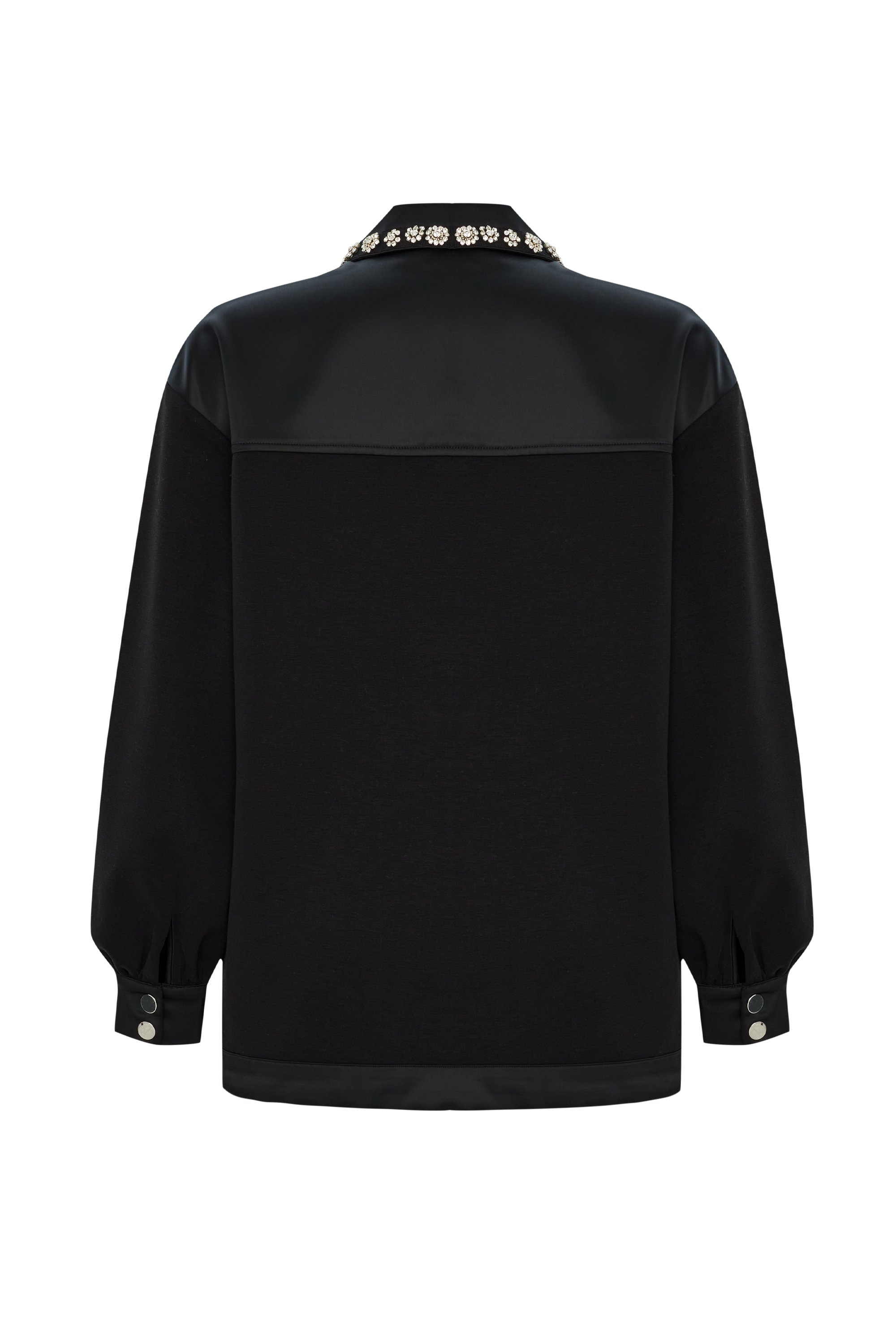 Collar Crystal Stone Embroidered Zip Regular Black Sweatshirt