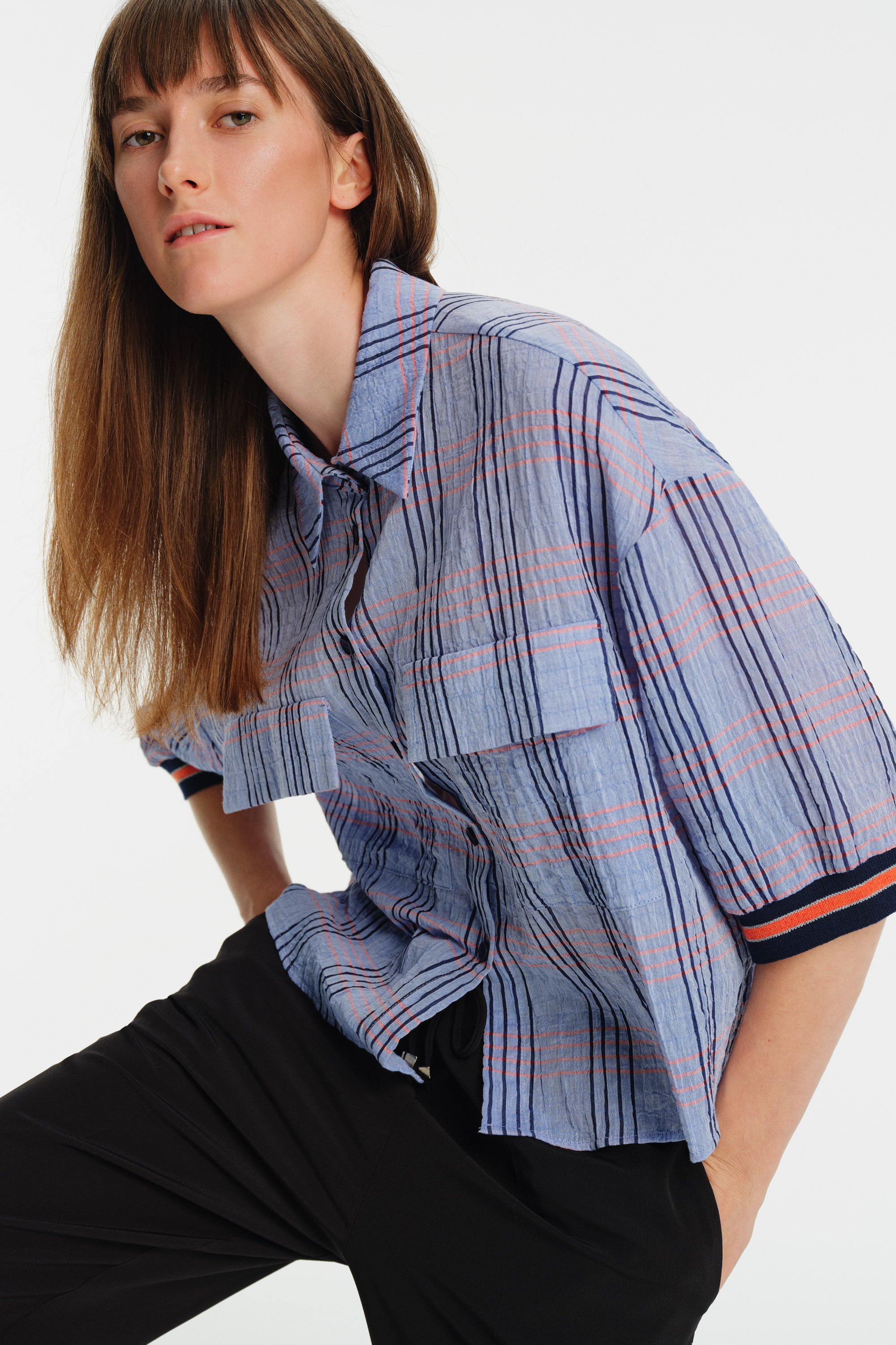 Ribbed Detail Three-Quarter Sleeve Plaid Printed Shirt