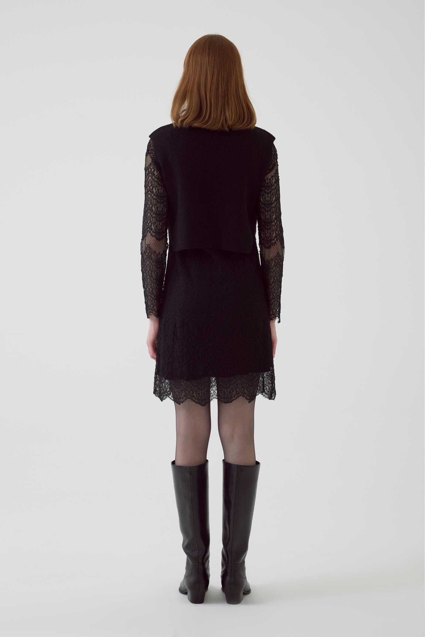 Knit Vest Detailed Lace Lined Black Regular Dress