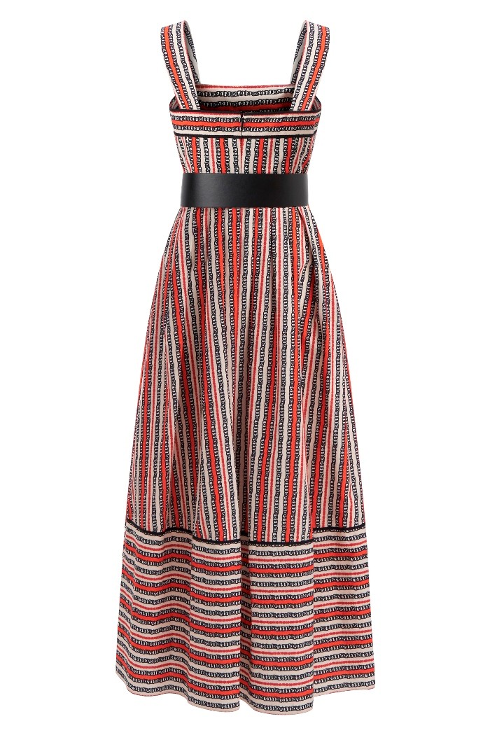 Wide Straps Pleated Line Patterned Midi Cotton Dress