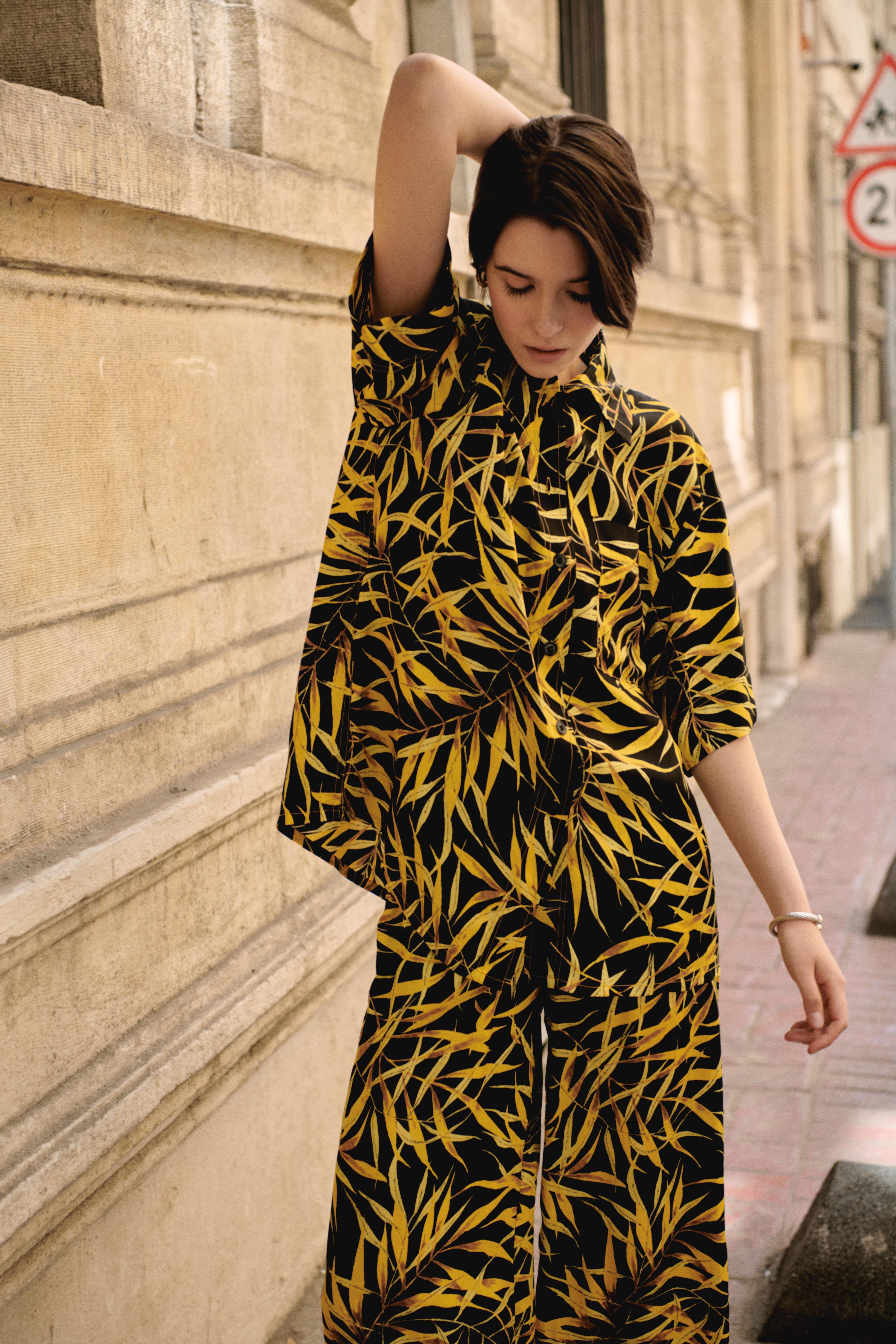 Viscose Yellow Leaf Patterned Shirt