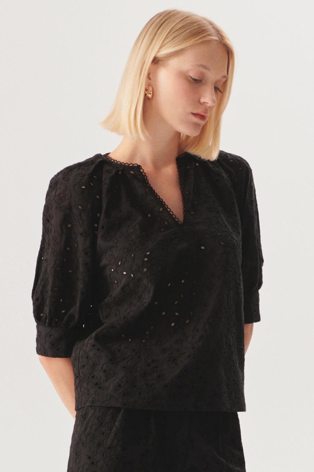 Relaxed Puff Sleeve Eyelet Blouse