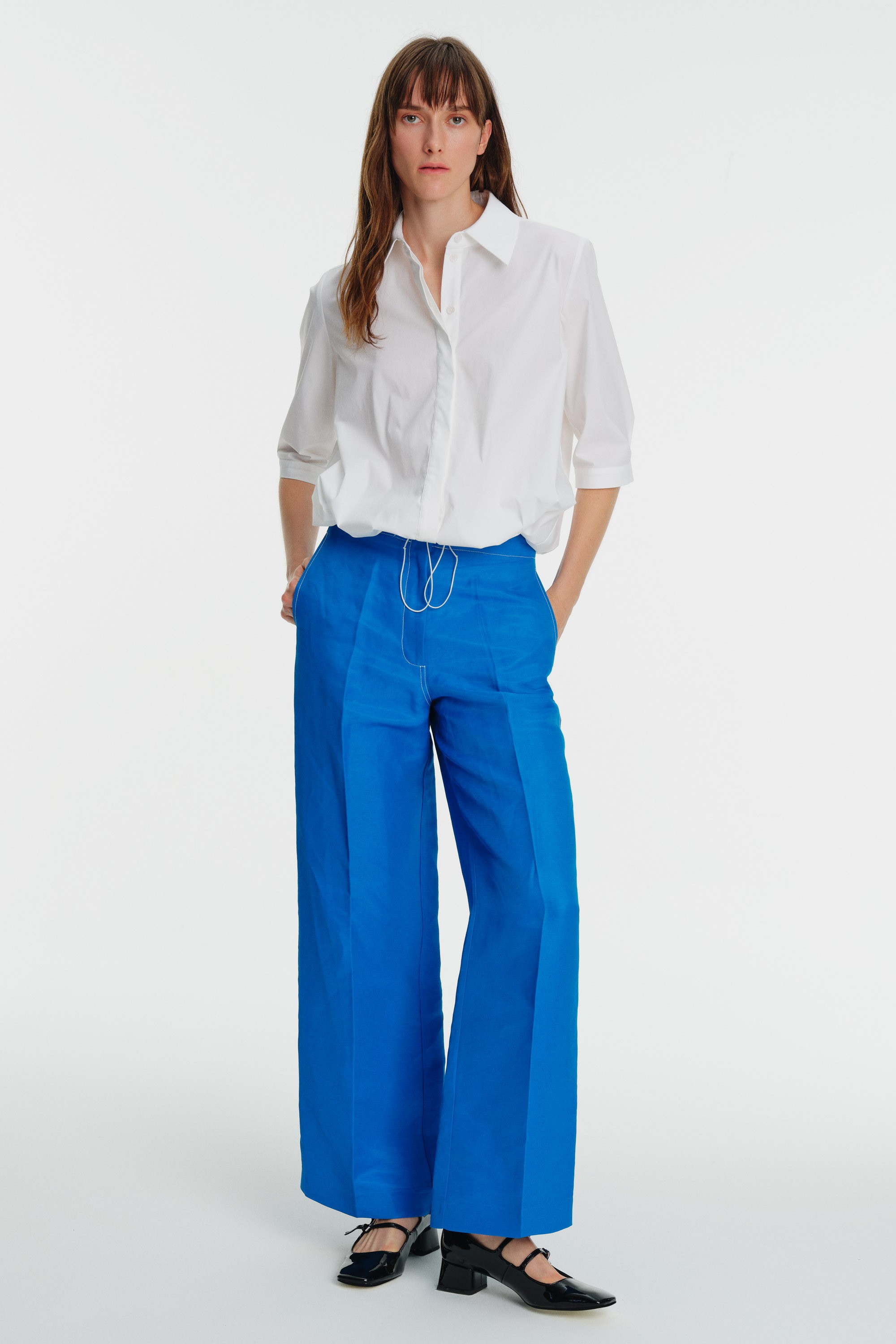 Linen Blend Palazzo Pants with Stitching Detail