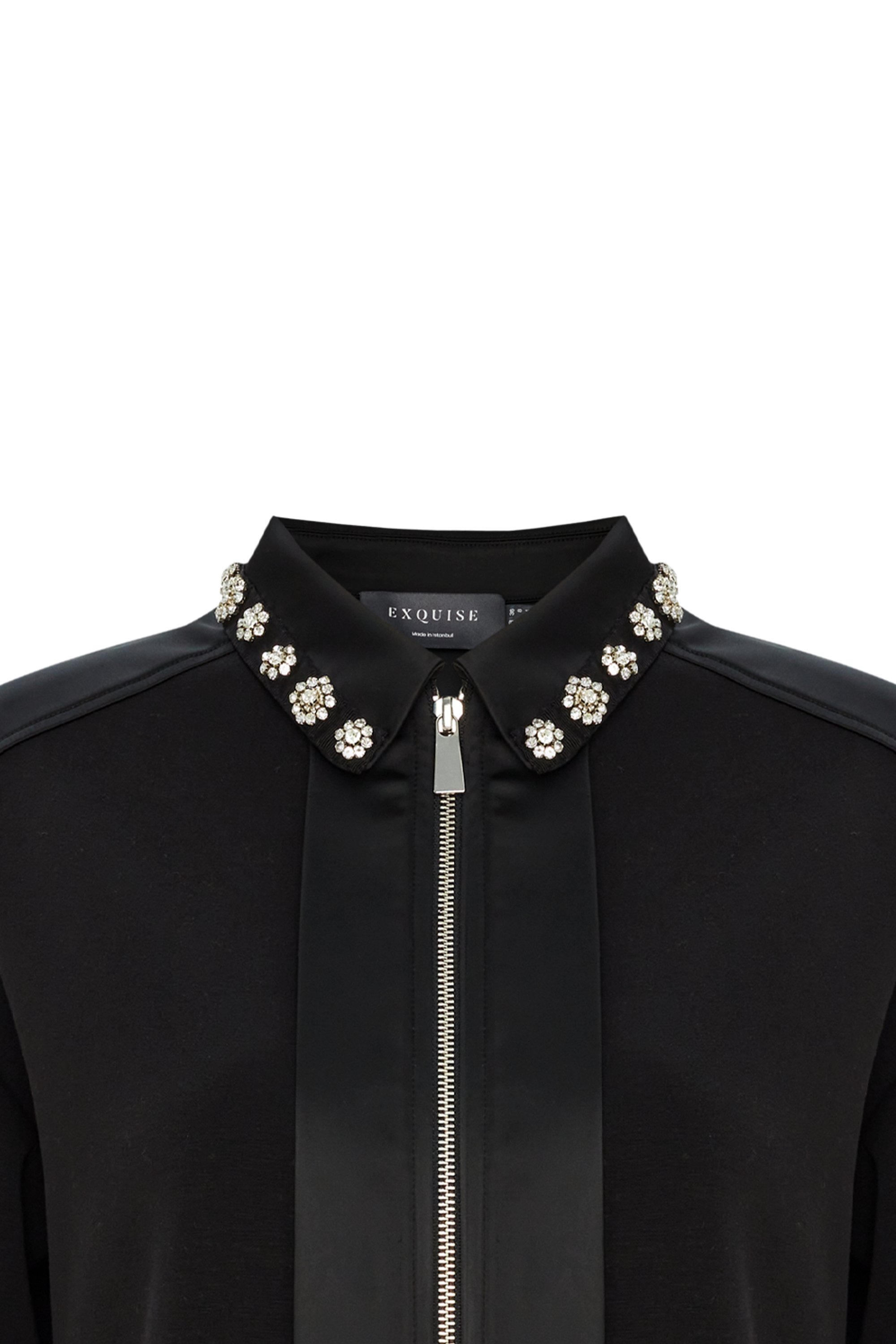 Collar Crystal Stone Embroidered Zip Regular Black Sweatshirt