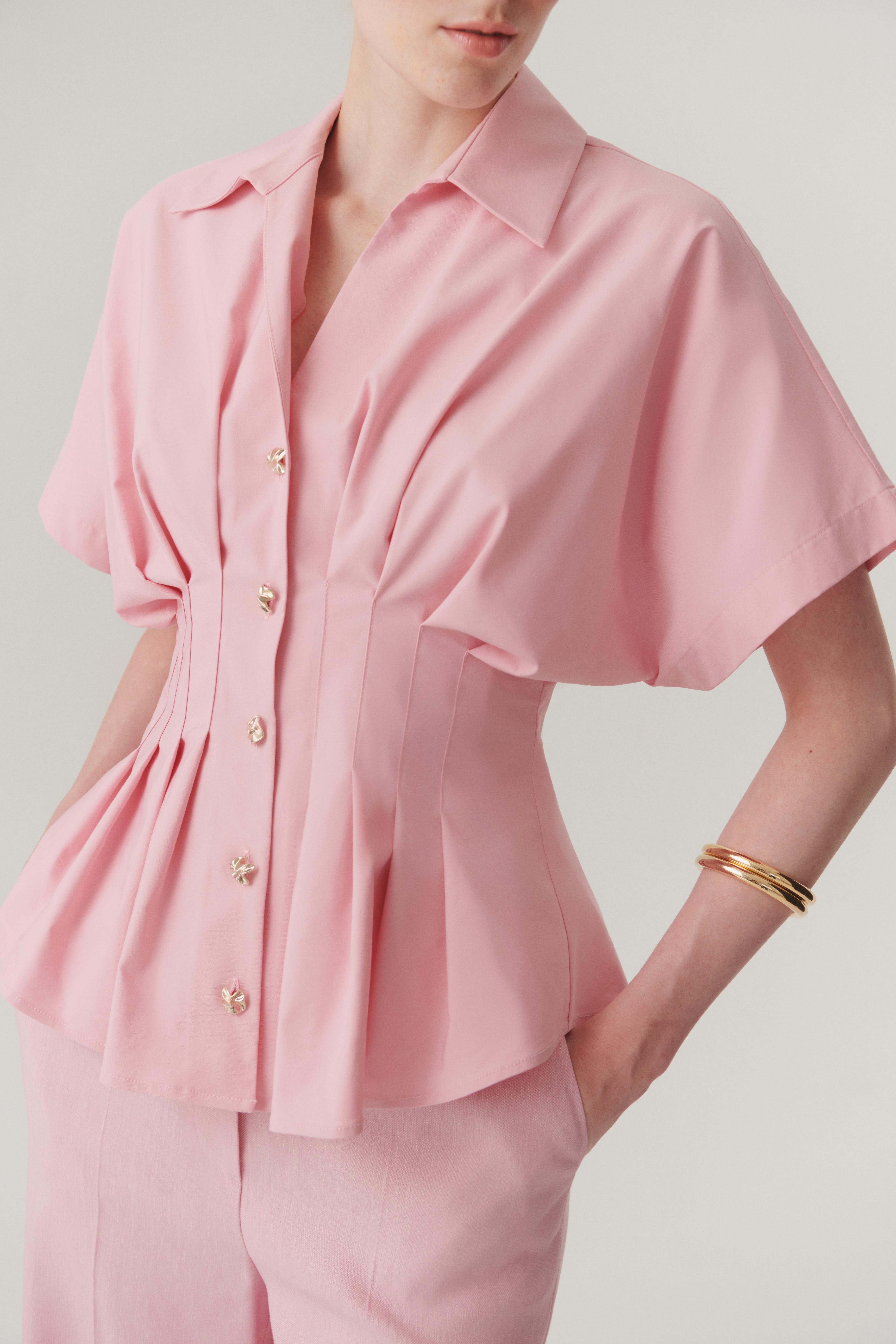 Pleated Waist Button-Up Blouse