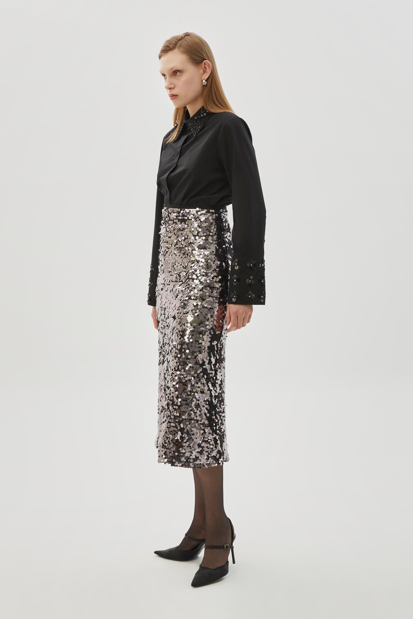 Sequin Regular Grey Midi Skirt