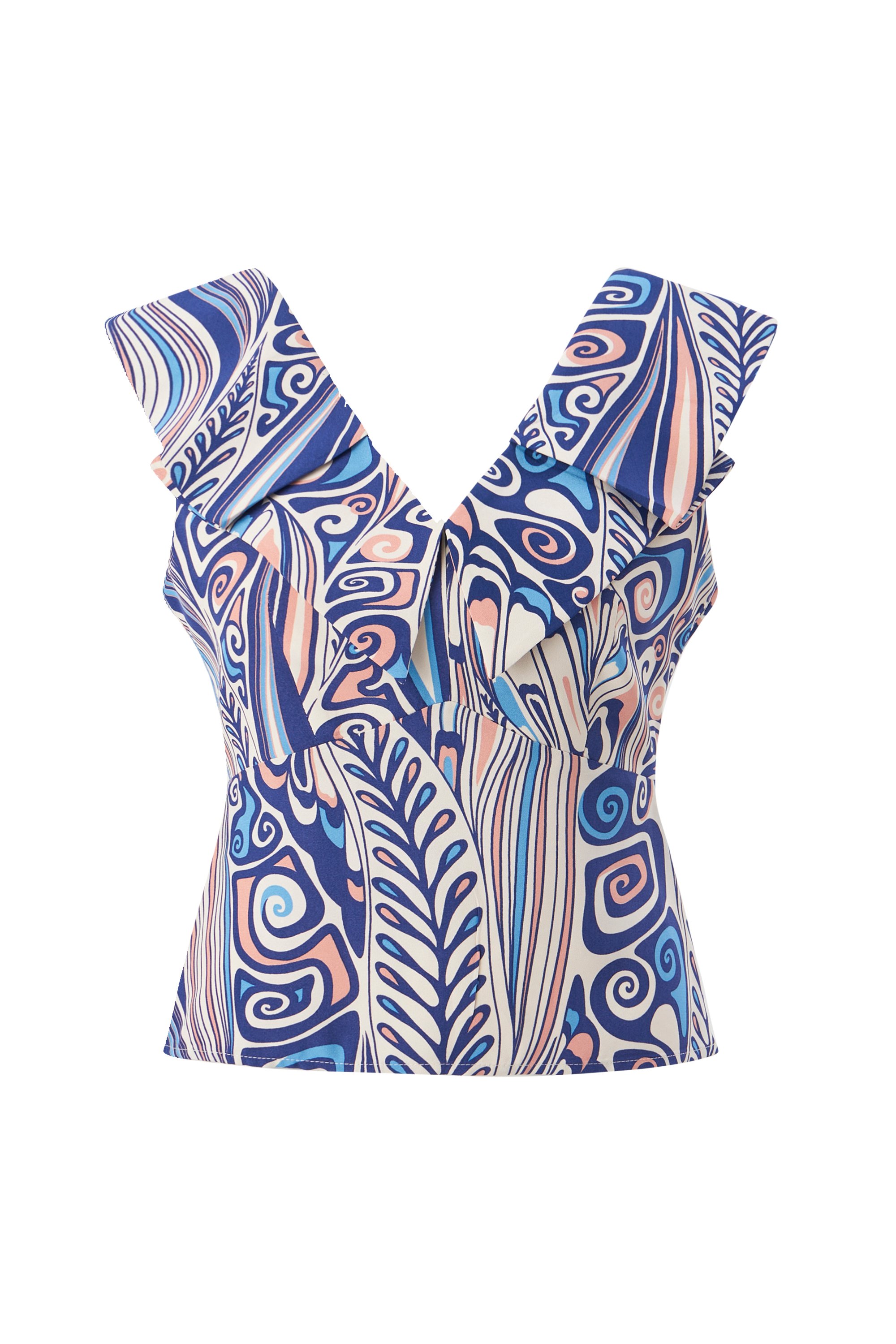 Pleated V-Neck Printed Sleeveless Blouse