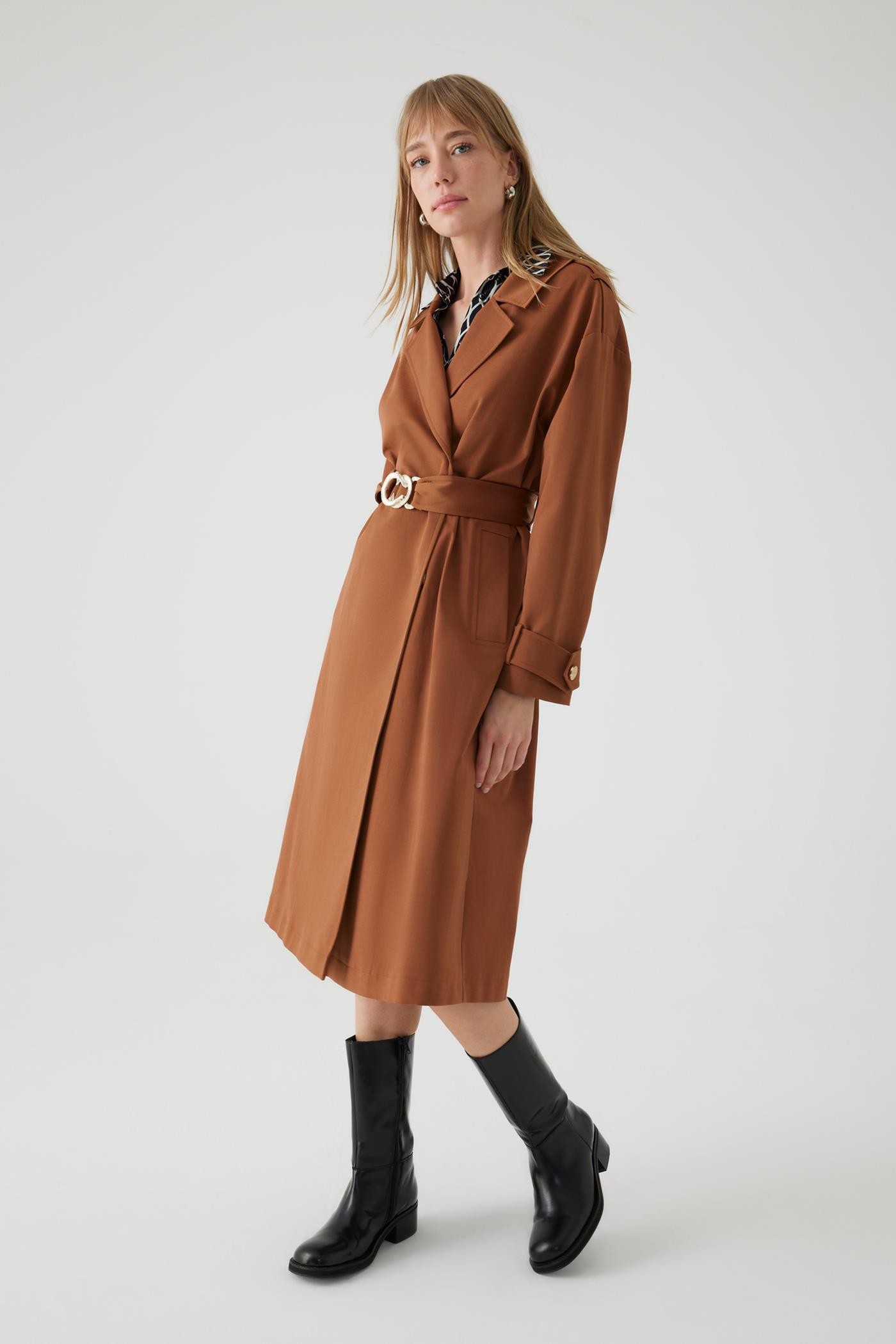 Belted Cotton Pocketed Regular Camel Trench Coat