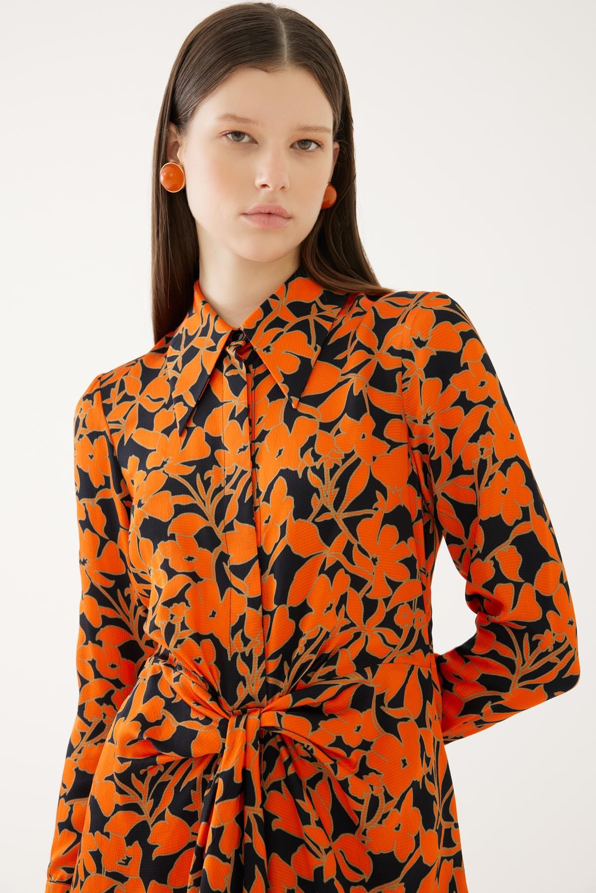 Tie Orange Floral Shirt Dress