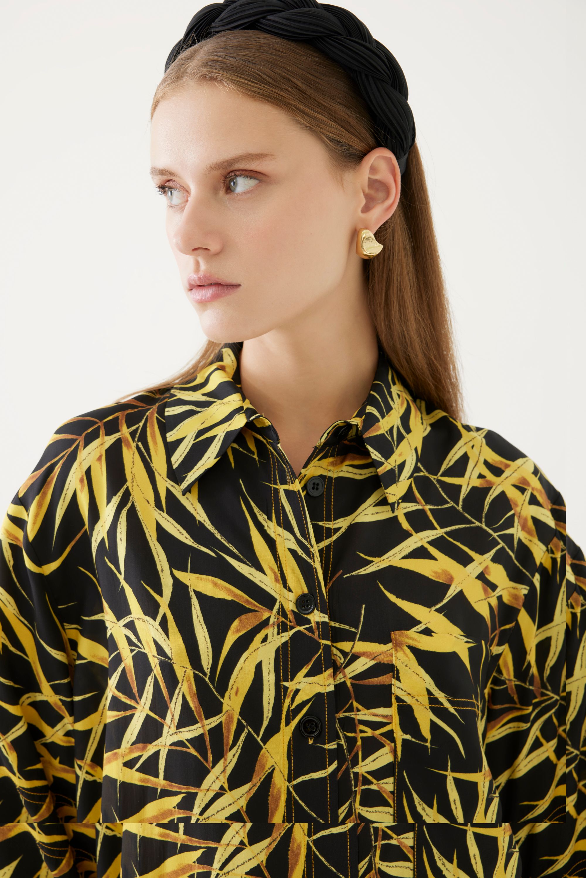 Viscose Yellow Leaf Patterned Shirt