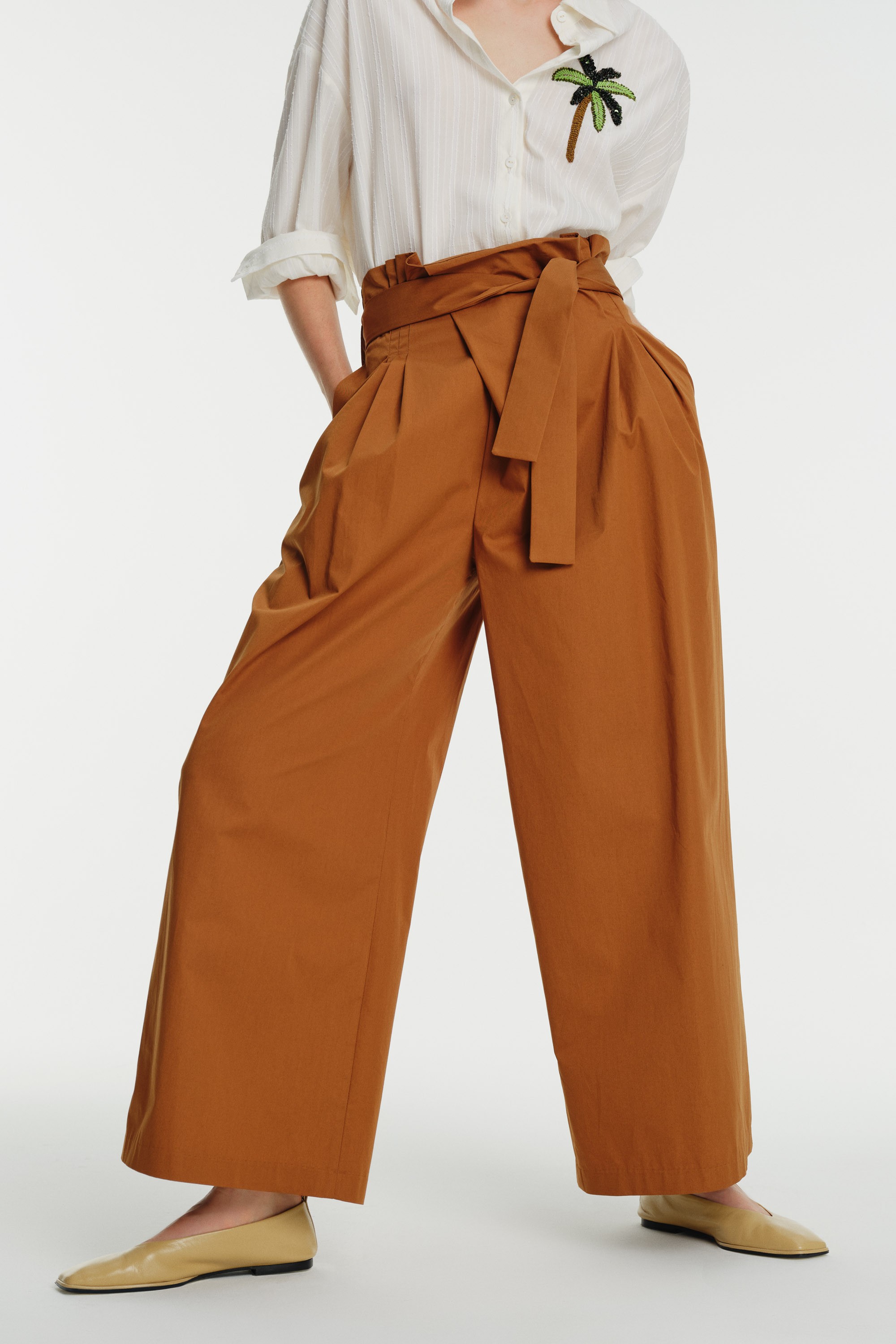 High-Waisted Pleated Tie Cotton Pants