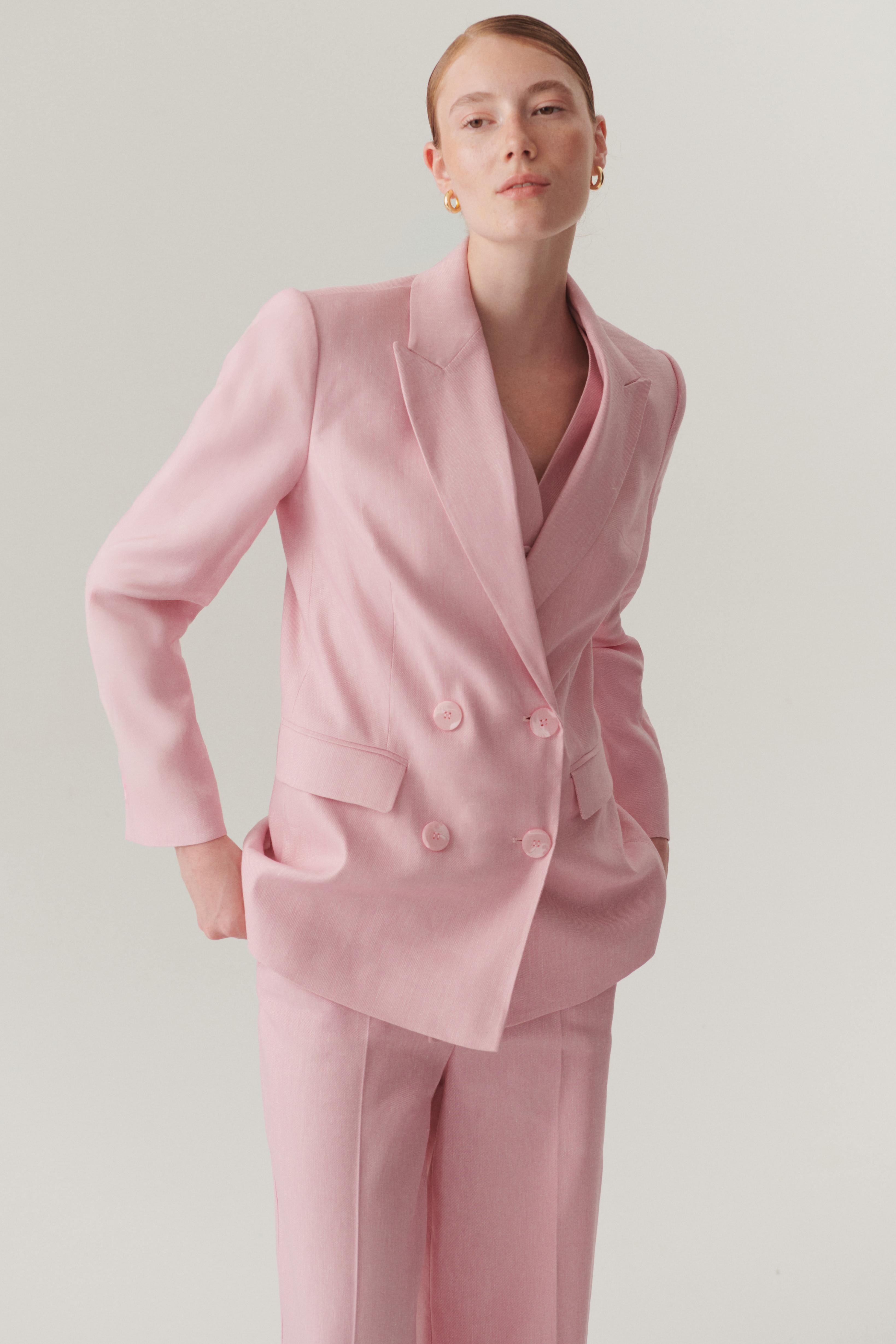 Kruvaze Yaka Keten Regular Pembe Blazer Ceket