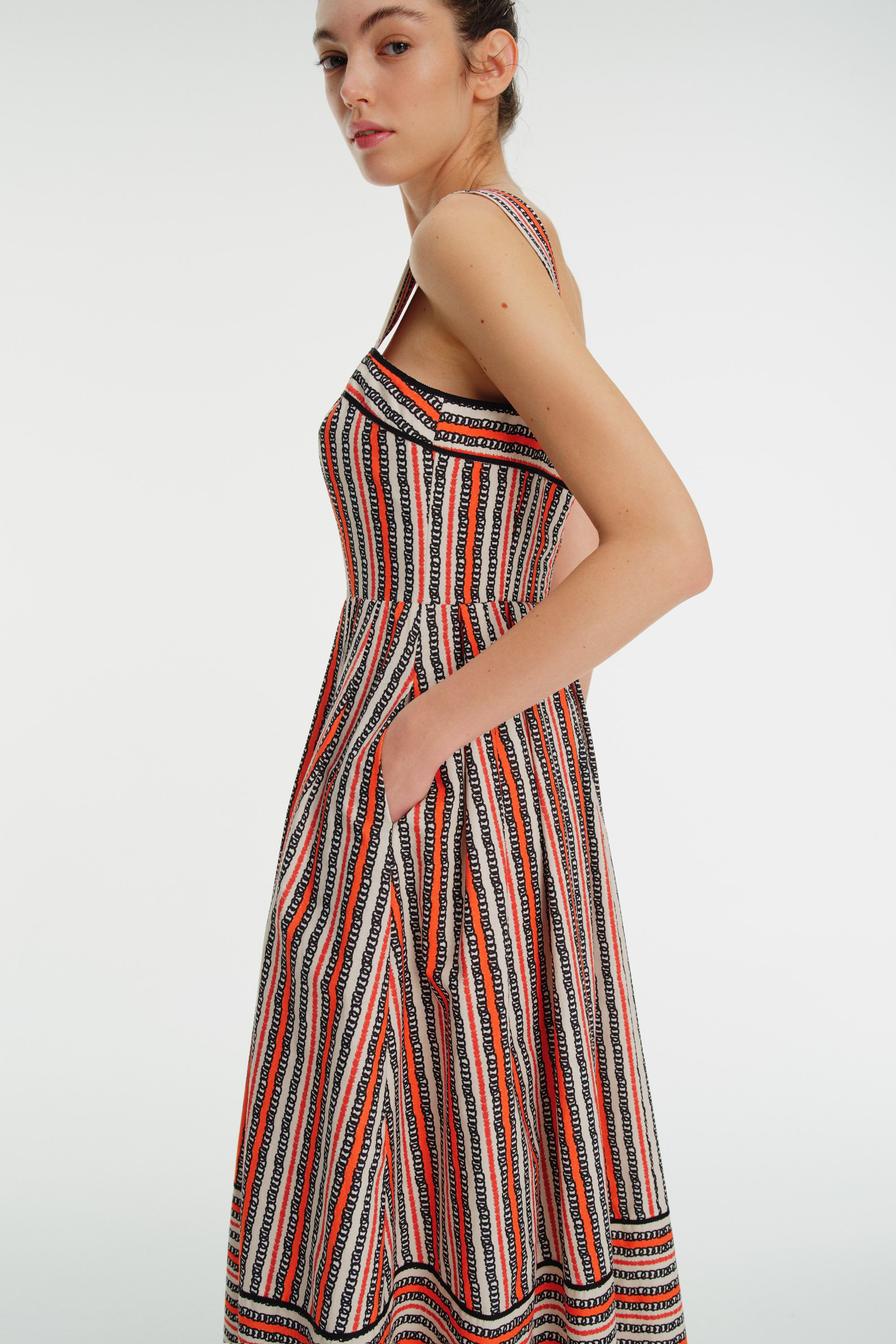 Wide Straps Pleated Line Patterned Midi Cotton Dress