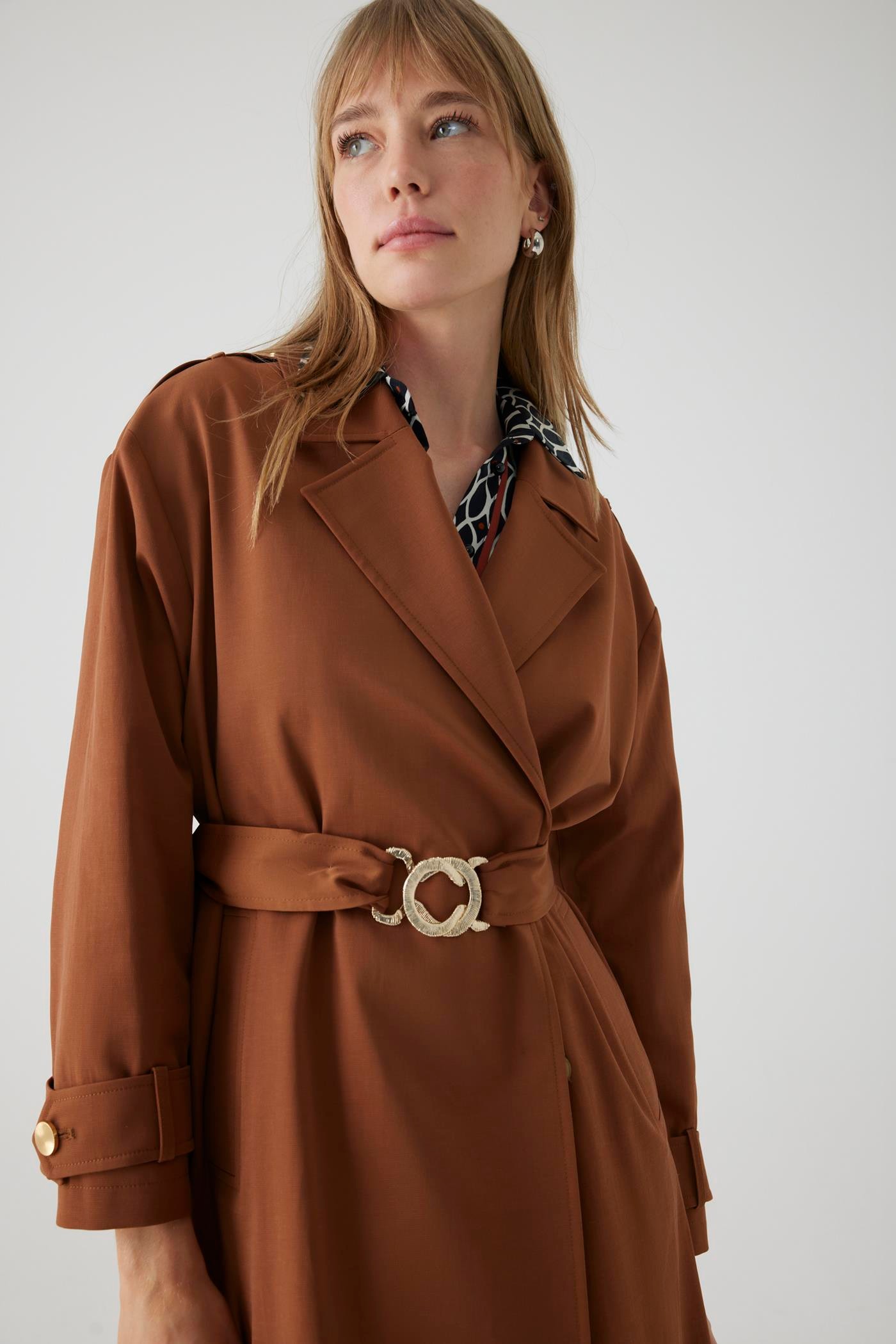 Belted Cotton Pocketed Regular Camel Trench Coat