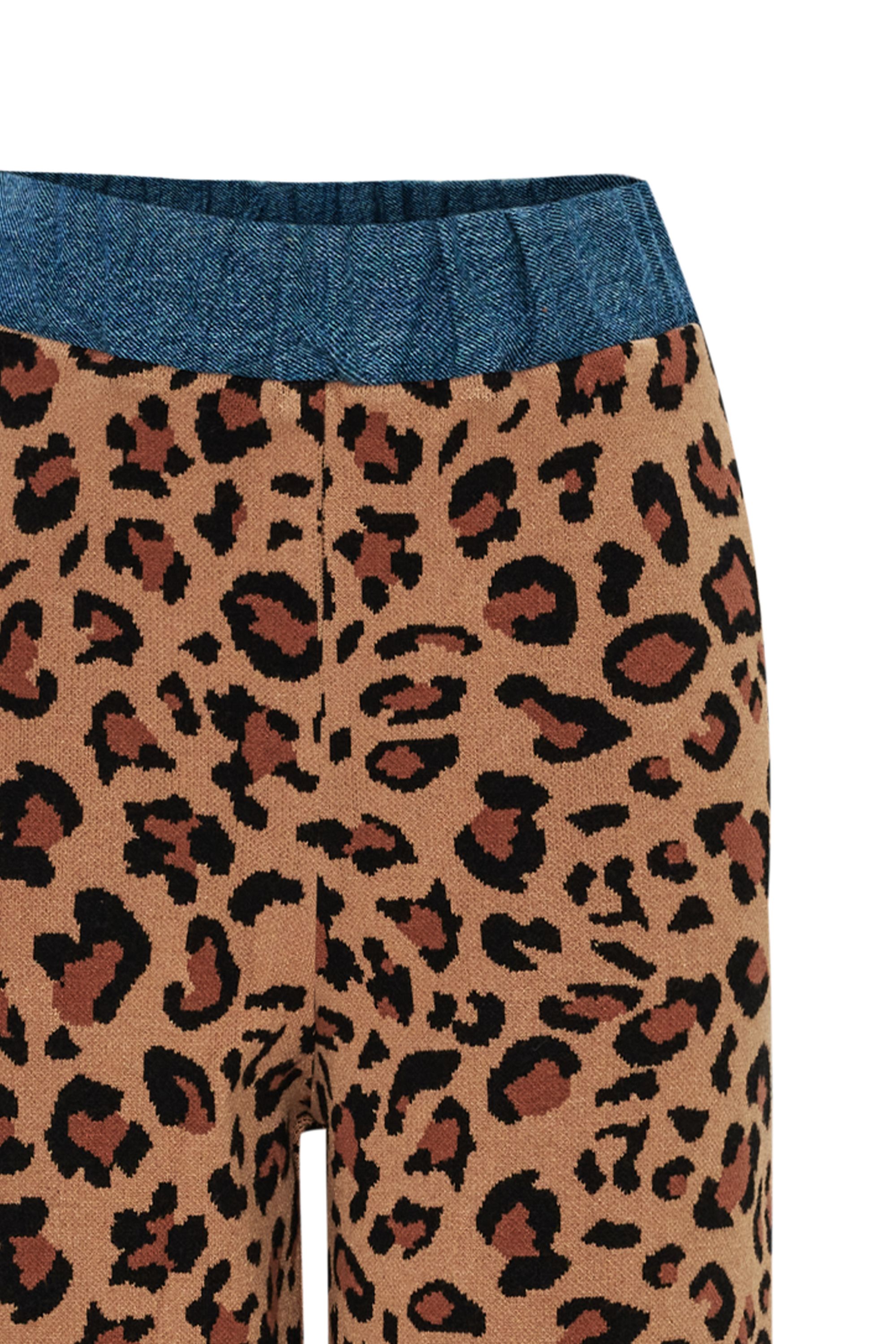 High Waist Leopard Pattern Elastic Waist Denim Garnished Regular Knit Trousers