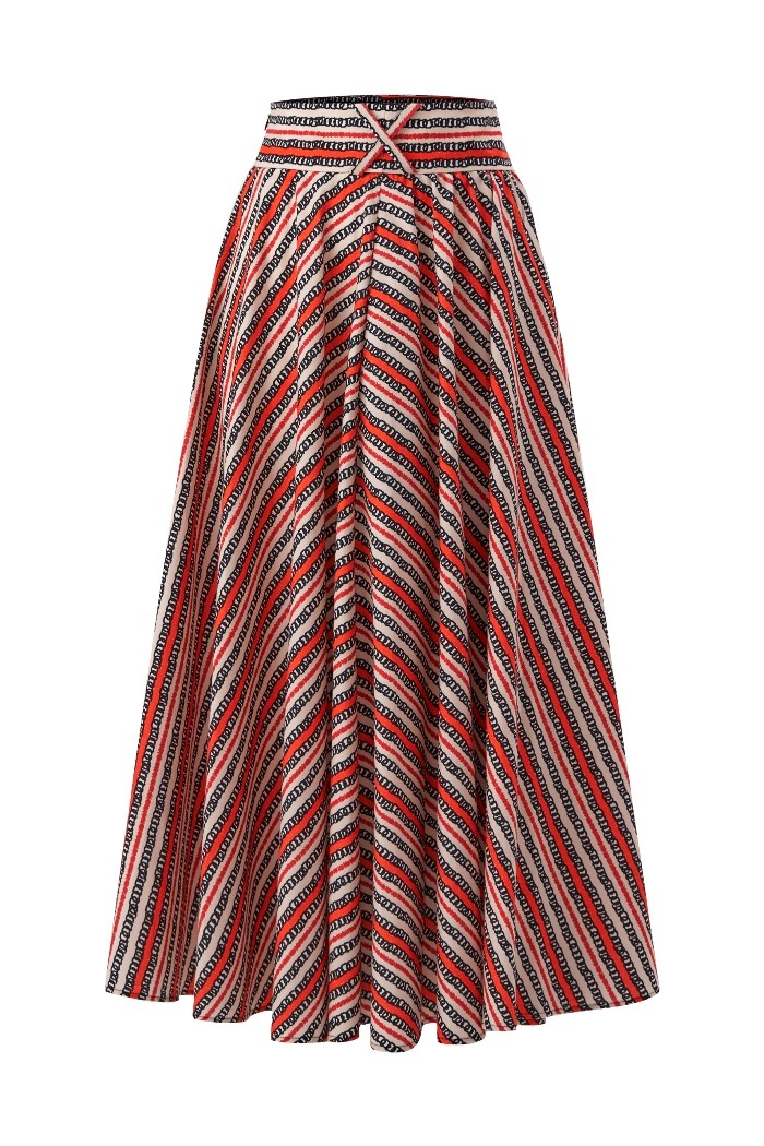 High-Waisted Striped Poplin Pleated Skirt