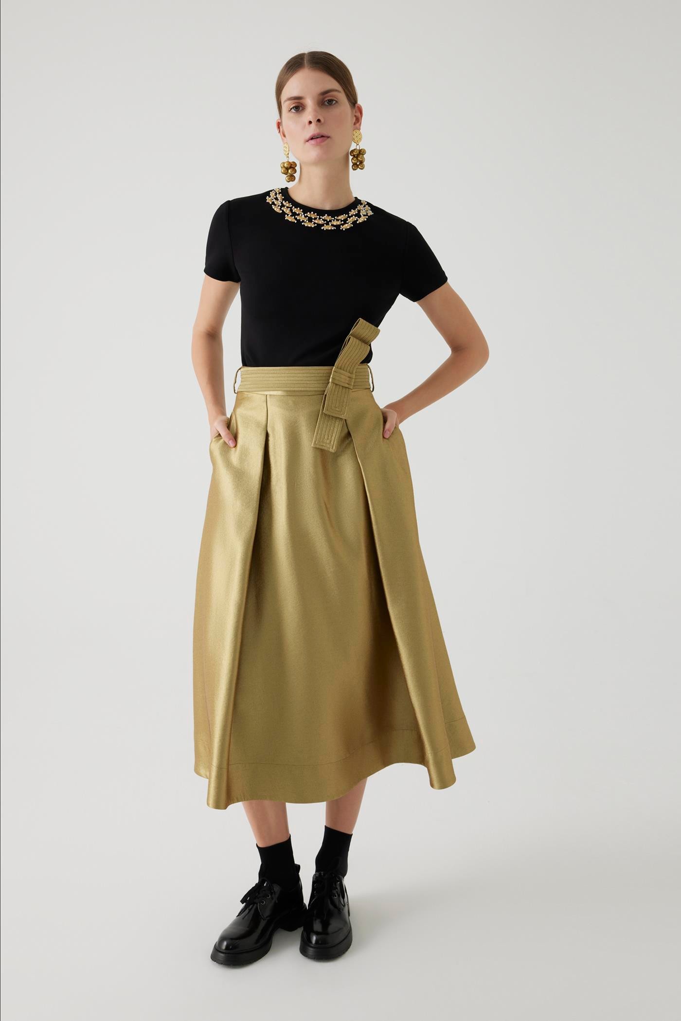 Belt Detail Regular Gold Midi Skirt