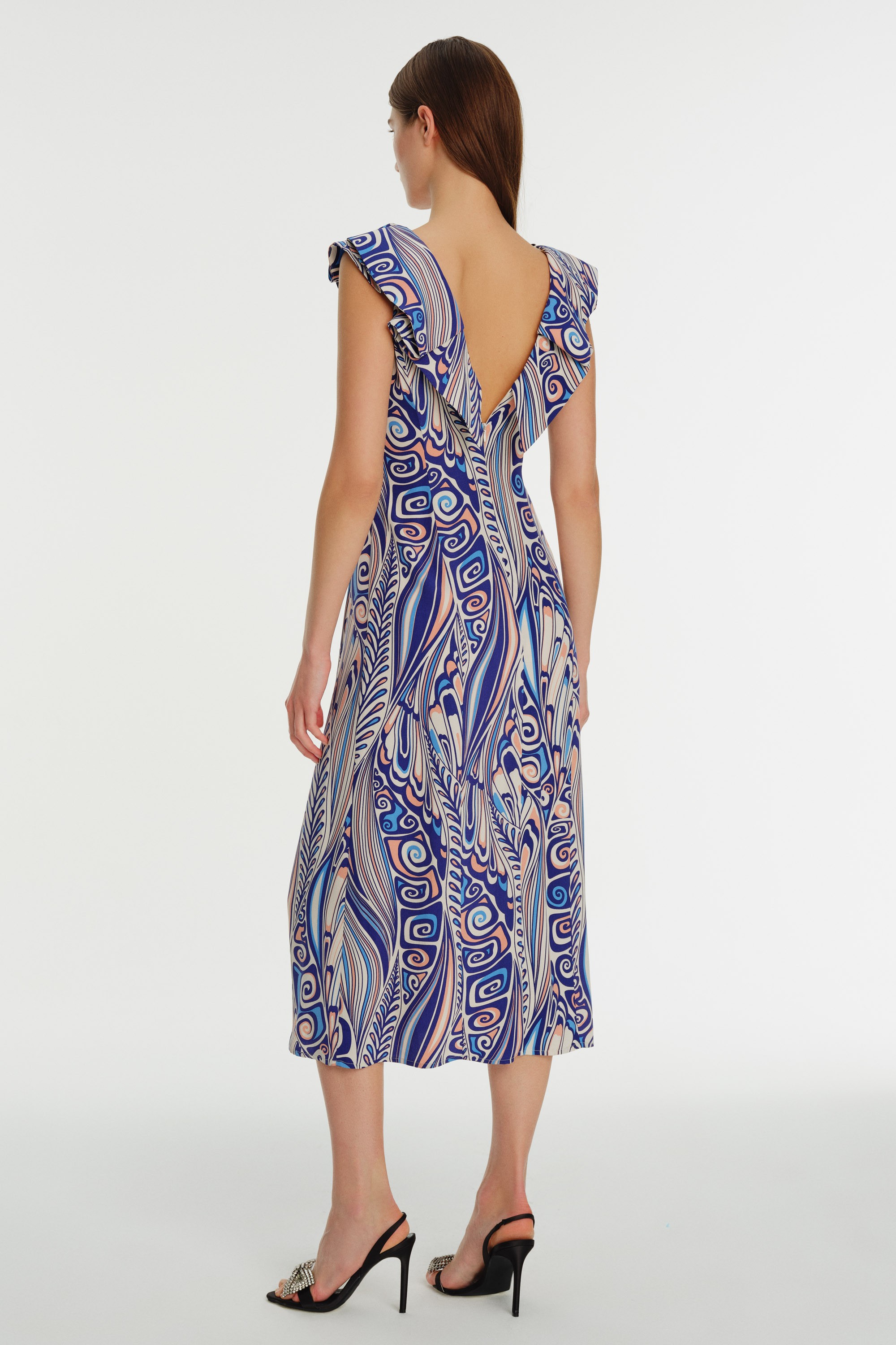 Collar Pleated Sleeveless Printed Midi Dress