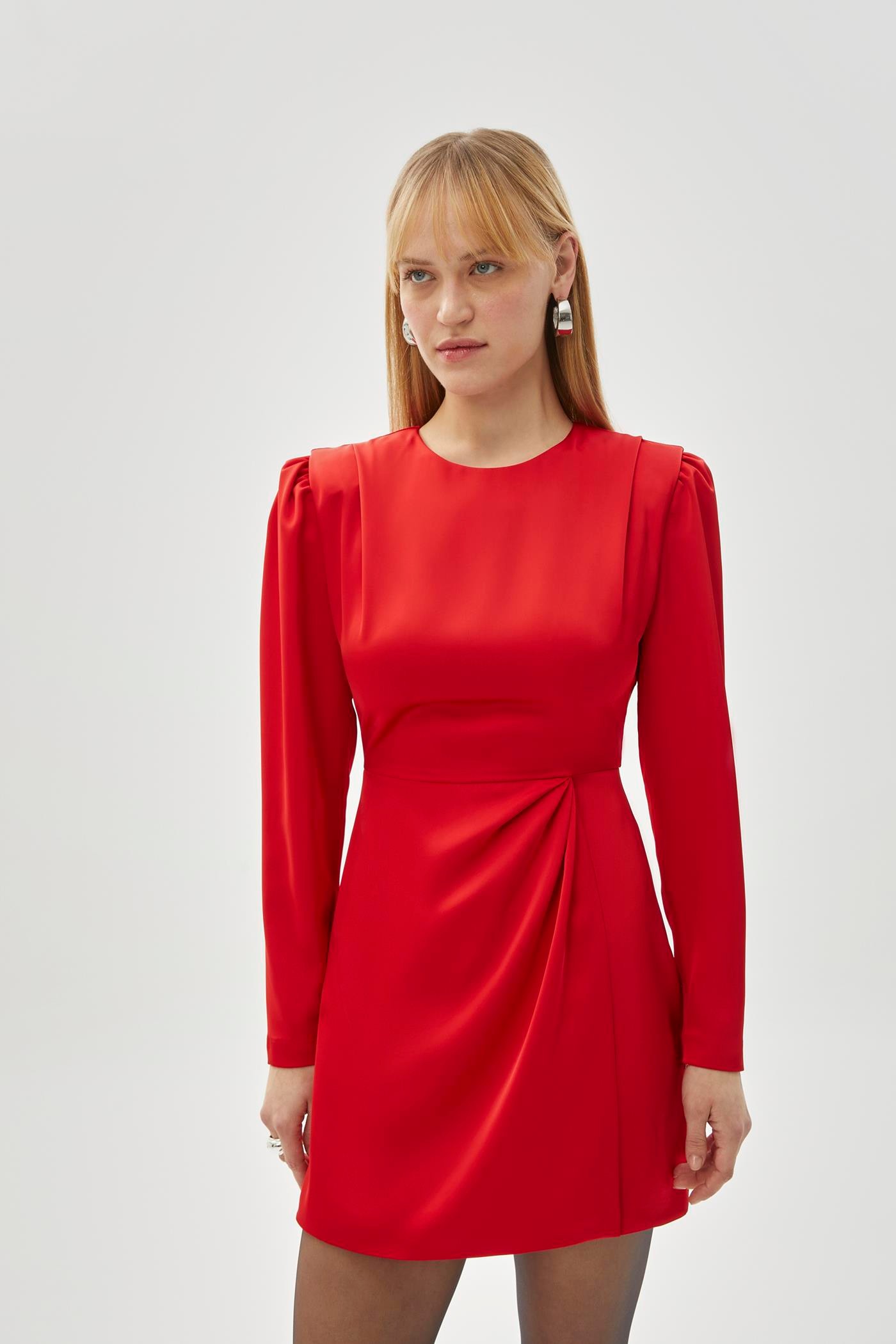 Red Crew Neck Waist Detail Midi Dress