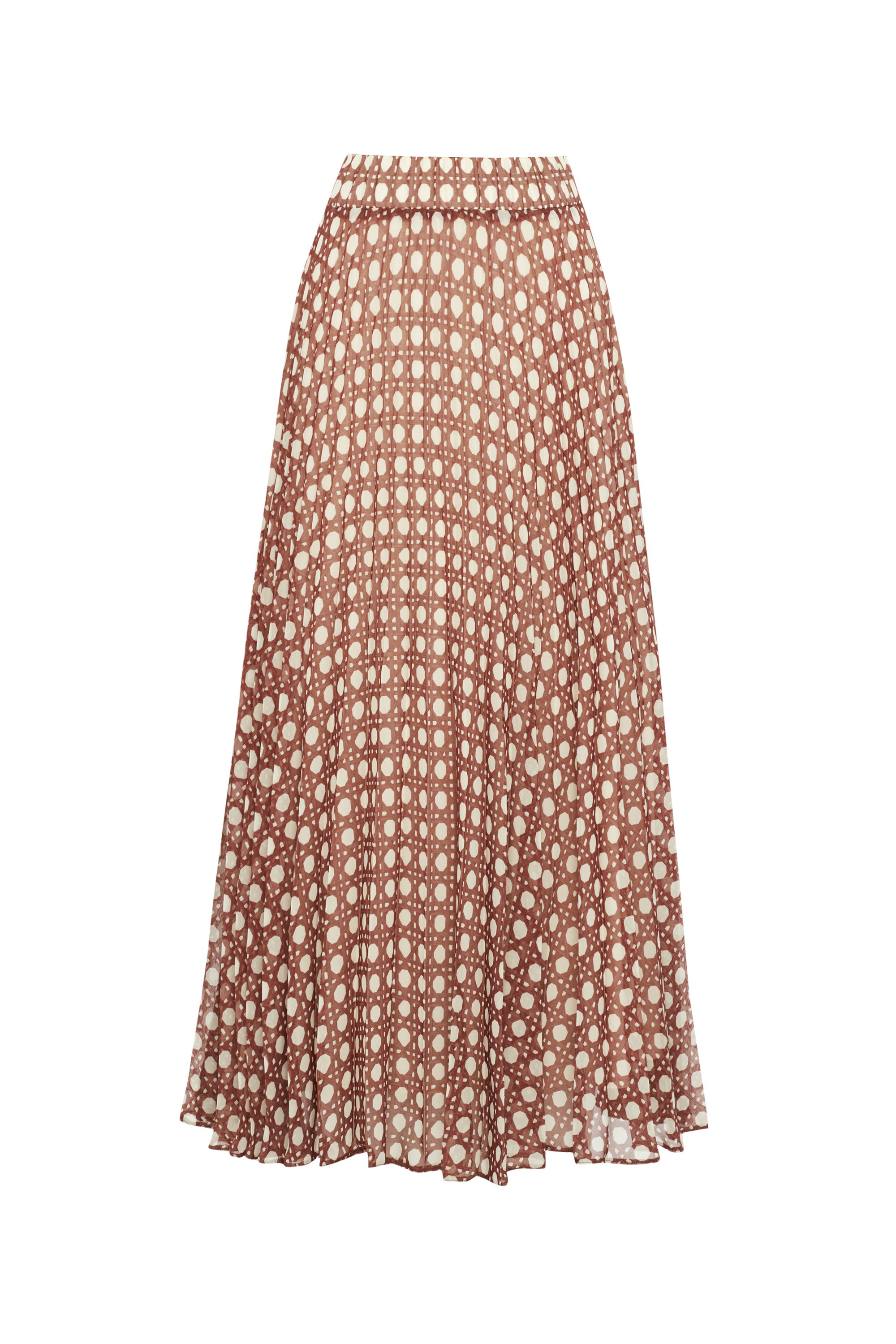 Elastic Waist Pleated Relaxed Fit Midi Patterned Brown Skirt