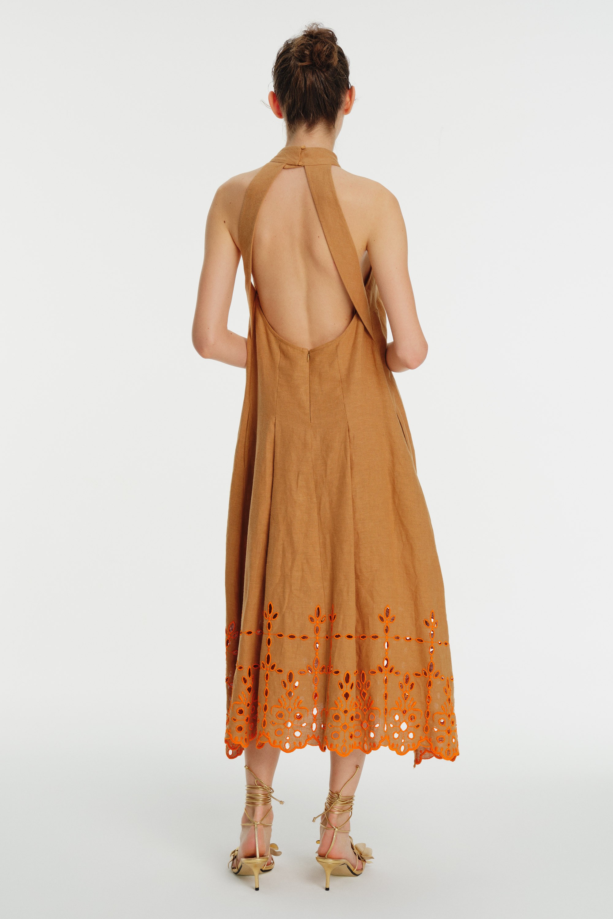 Backless Halter Neck Embroidered Linen Dress