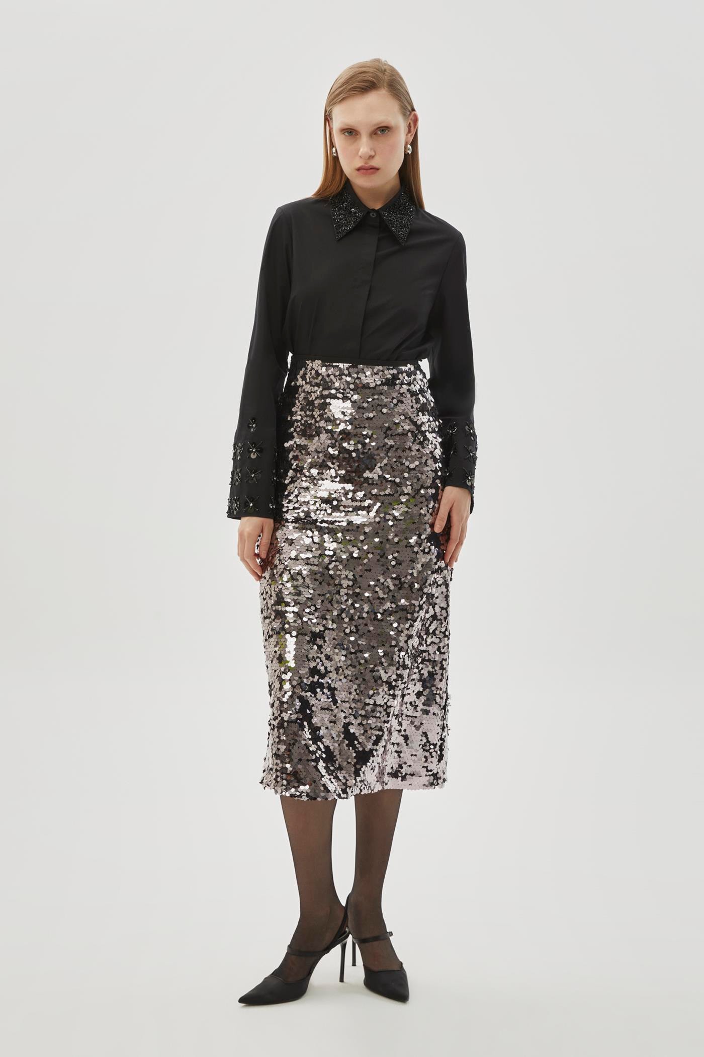 Sequin Regular Grey Midi Skirt