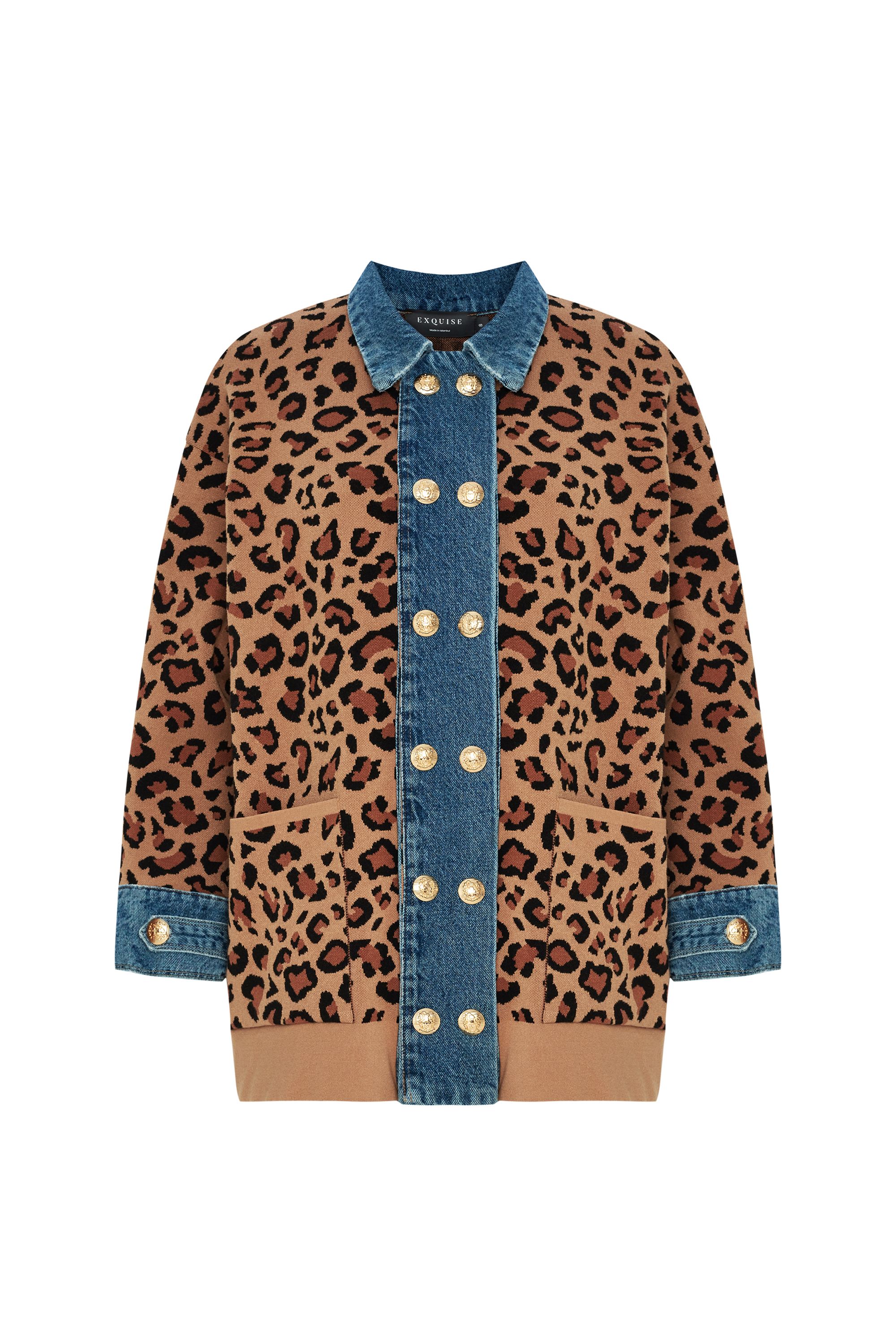 Leopar Desen Denim Garnili Kahverengi Oversize Hırka