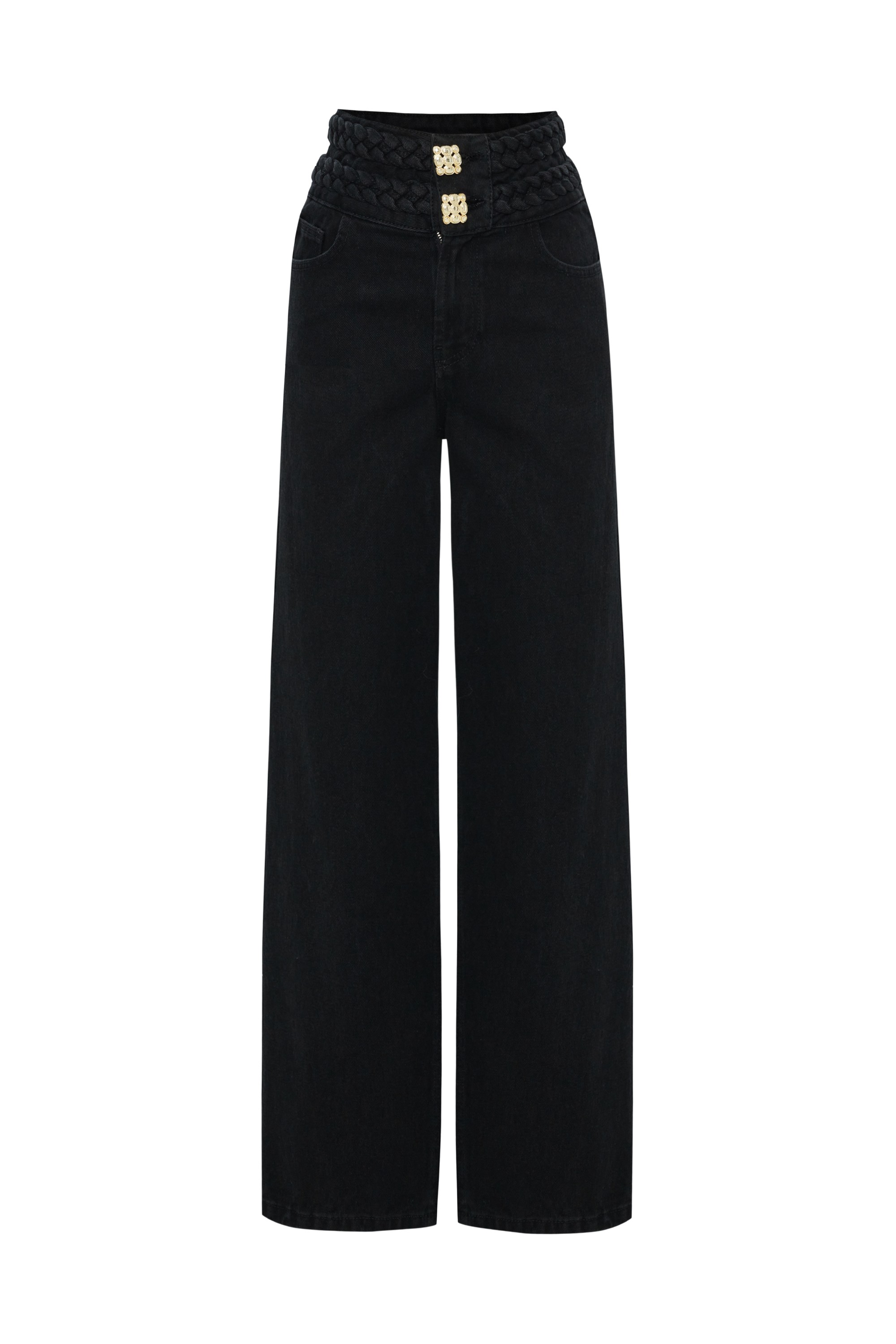 Belt and Button Detail Wide Legged Cotton Regular Black Denim