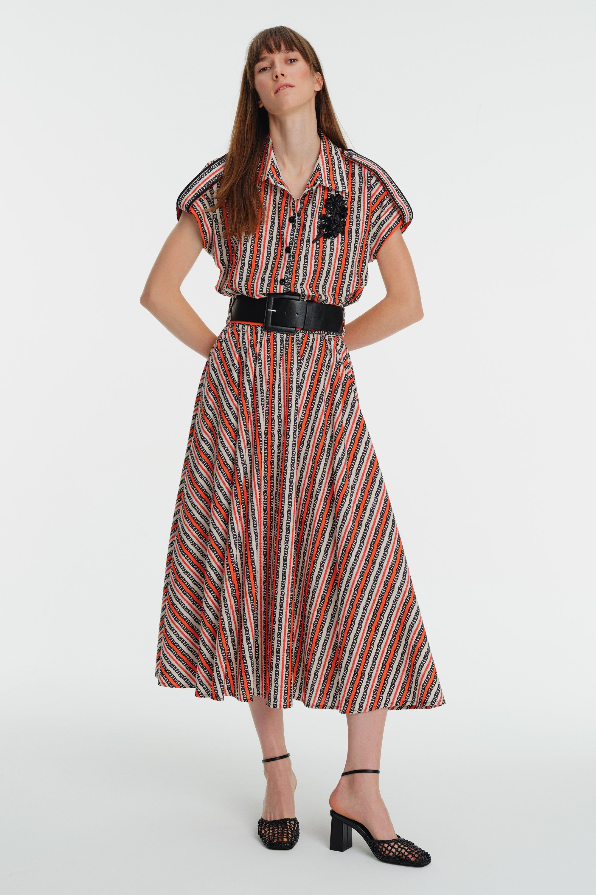 High Waist Line Patterned Poplin Flared Skirt