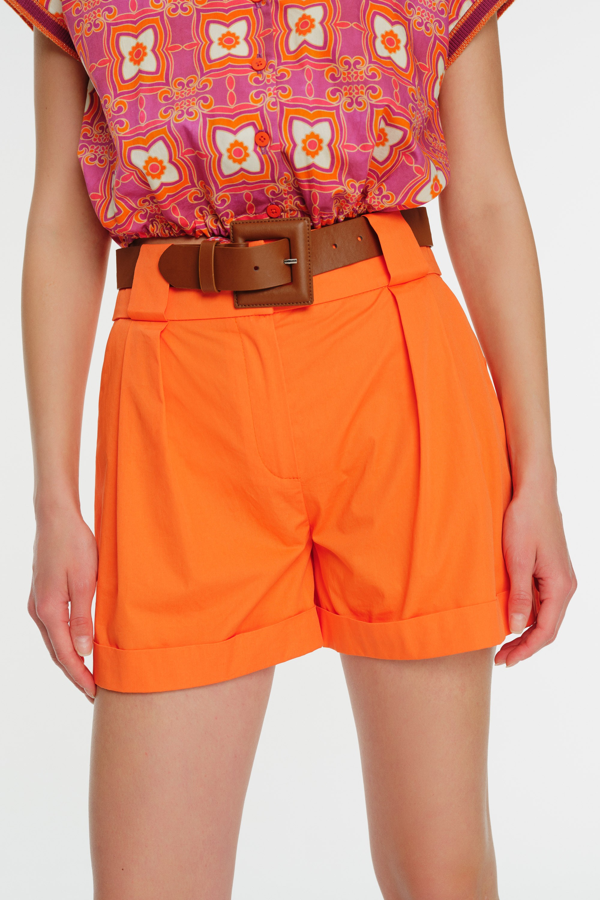 Belted Pleated Poplin Shorts