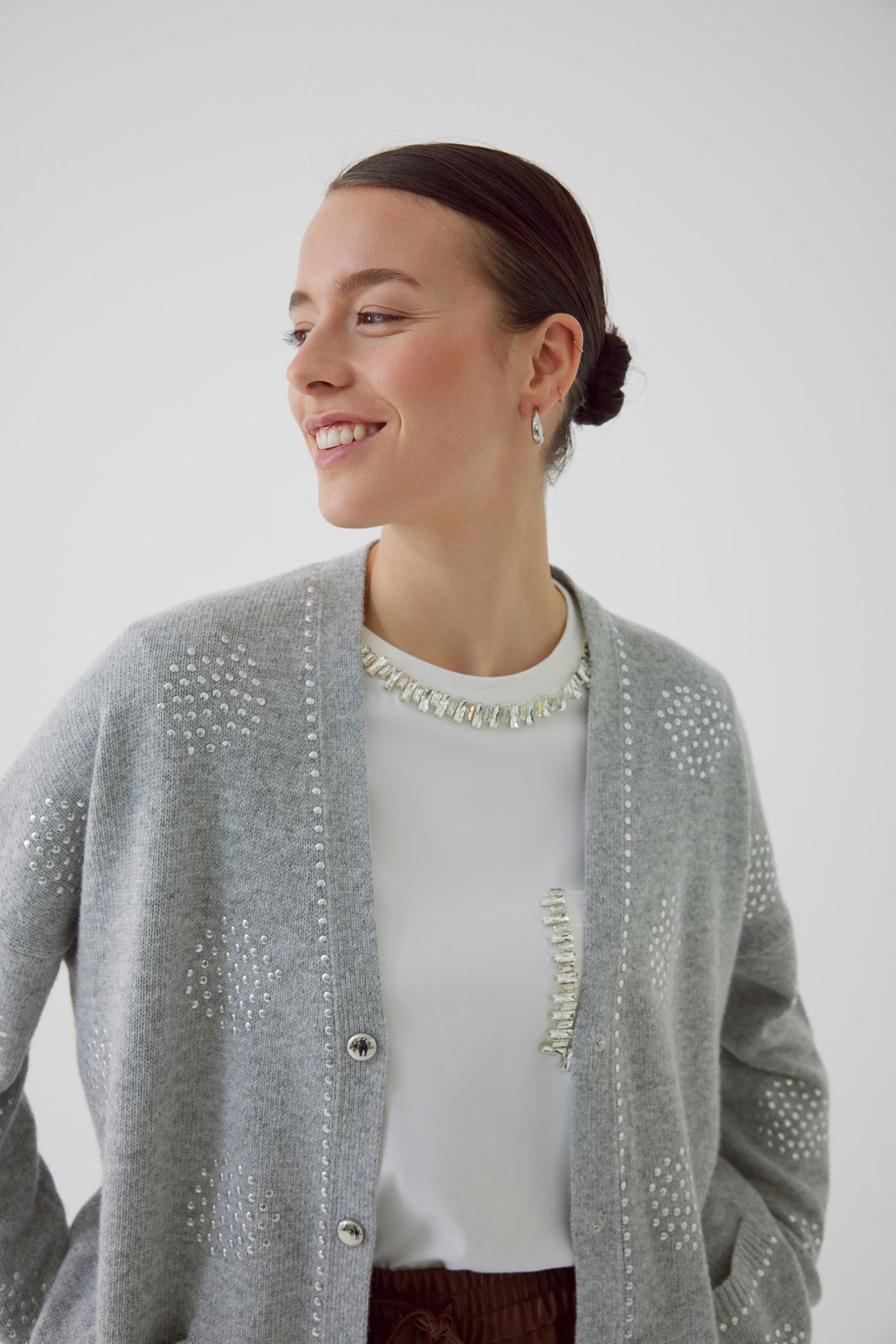 Regular Metal Sequin Printed Cashmere Grey Cardigan