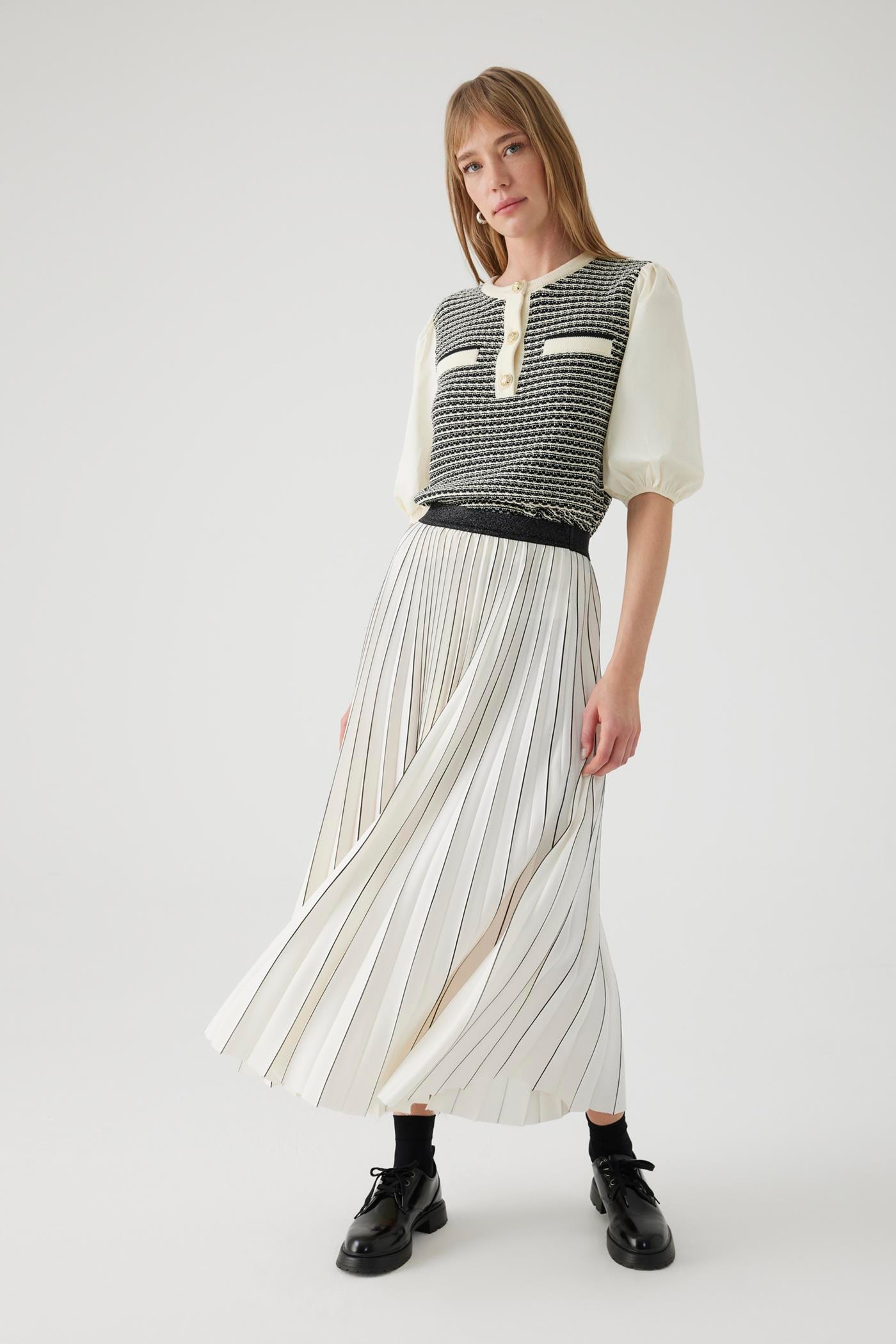 Pleated Regular Hand-Painted Bone Midi Skirt