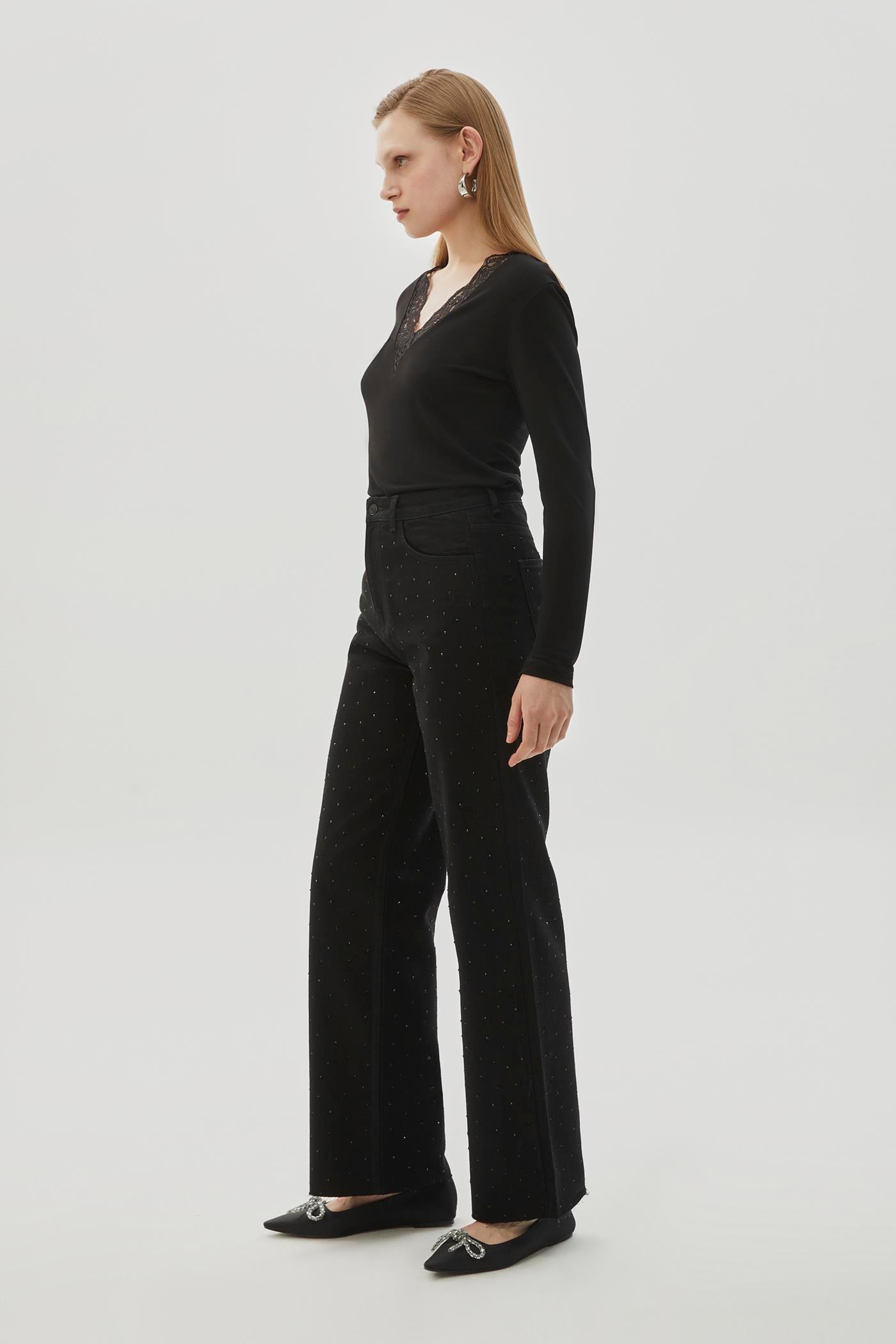 High Waist Wide Legged Stone Detailed Regular Black Denim Trousers