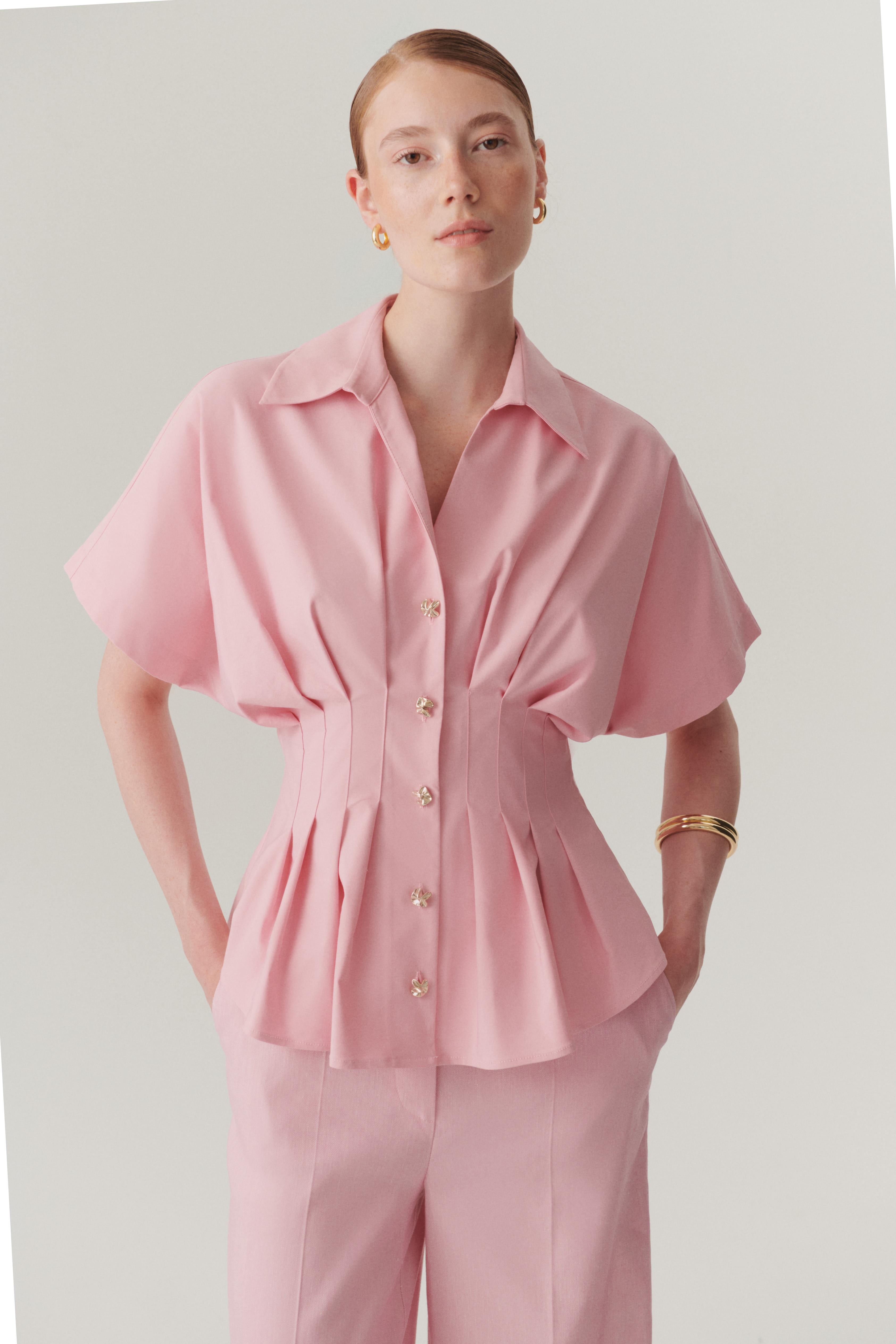 Pleated Waist Button-Up Blouse