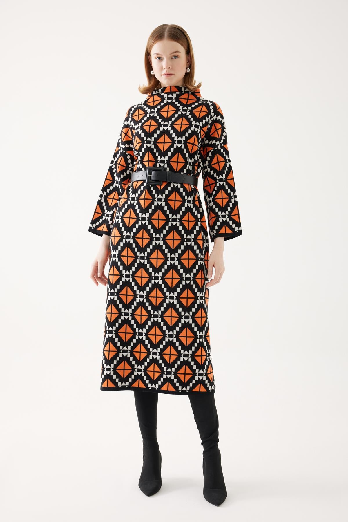 Patterned High Collar Knitwear Dress