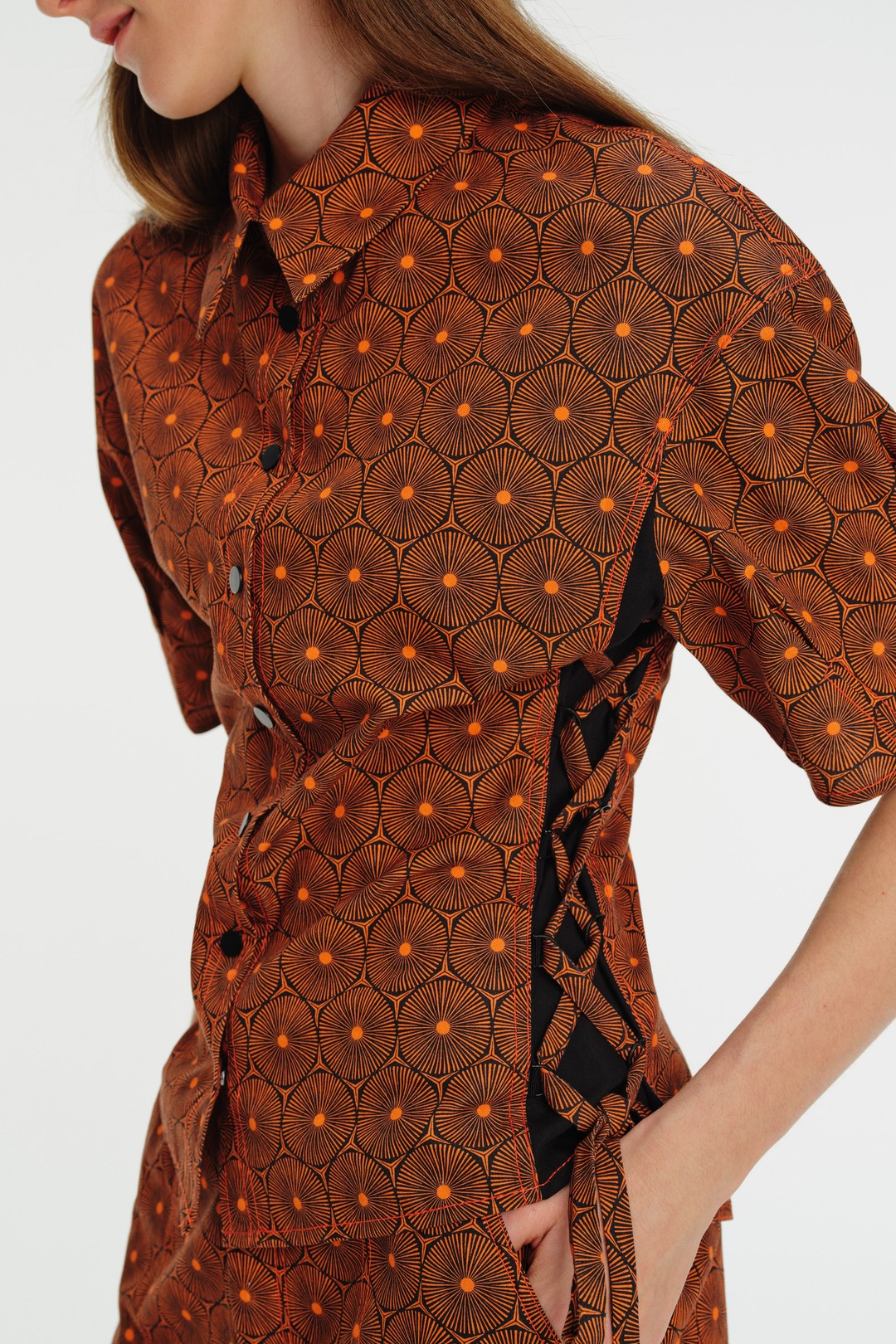 Short Sleeve Patterned Cotton Shirt with Stitching and Garni Detail 1