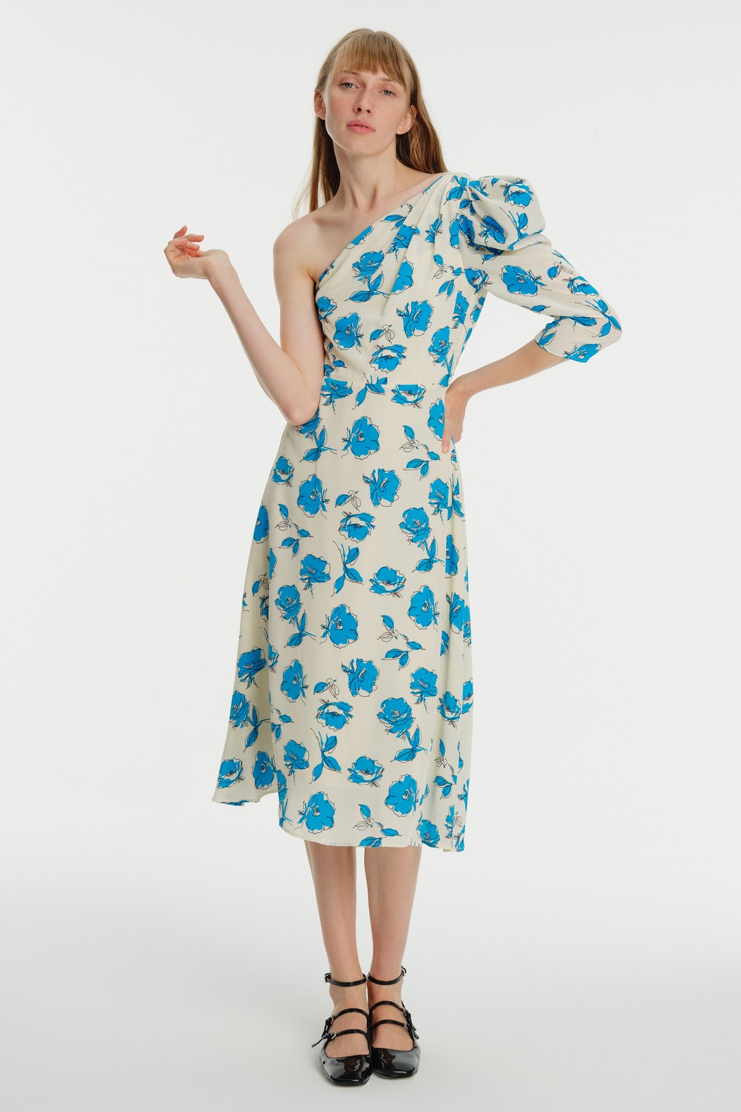 One Sleeve Floral Patterned Midi Dress 1