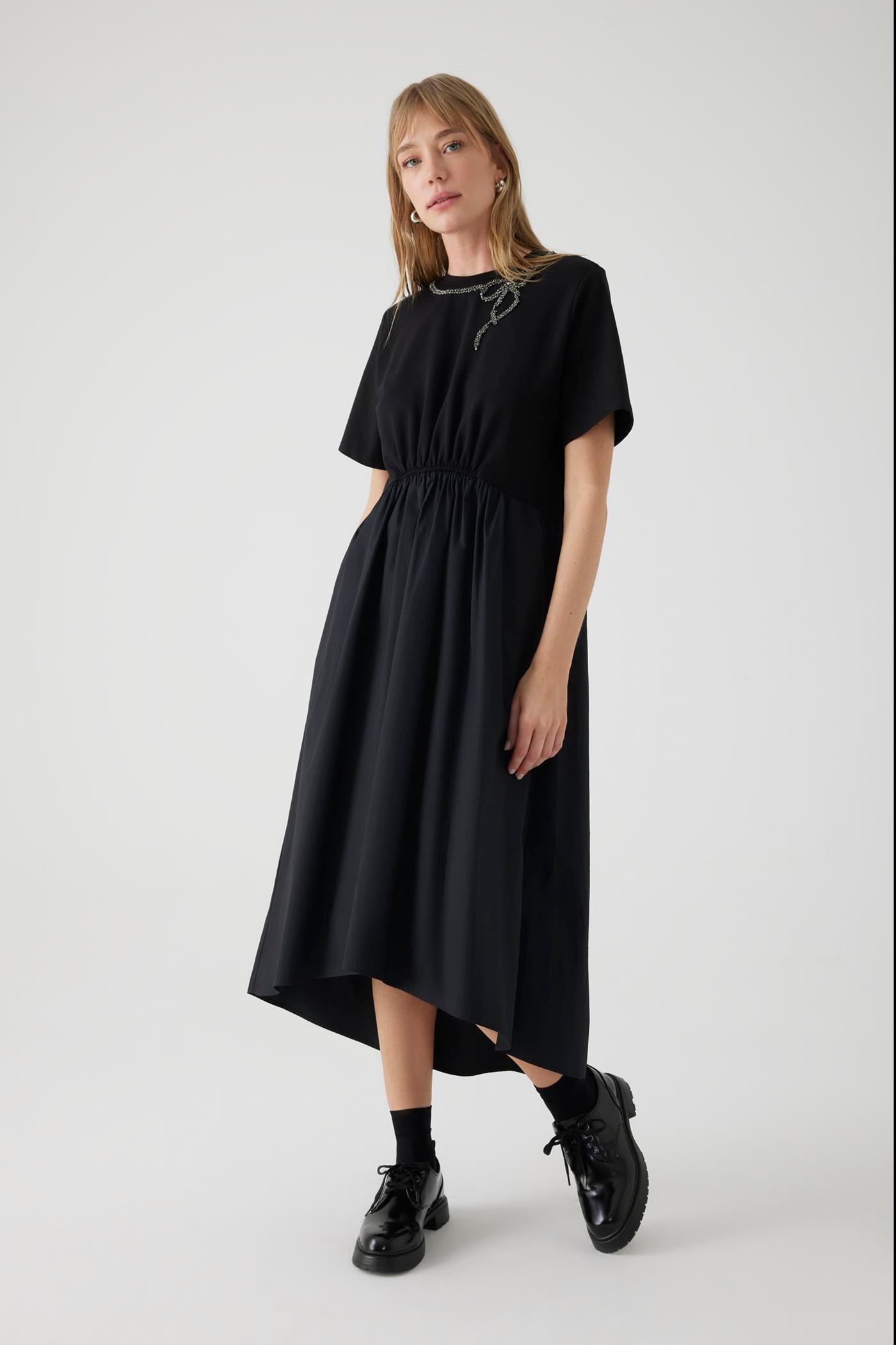 Collar Embroidered Cotton Black Midi Dress