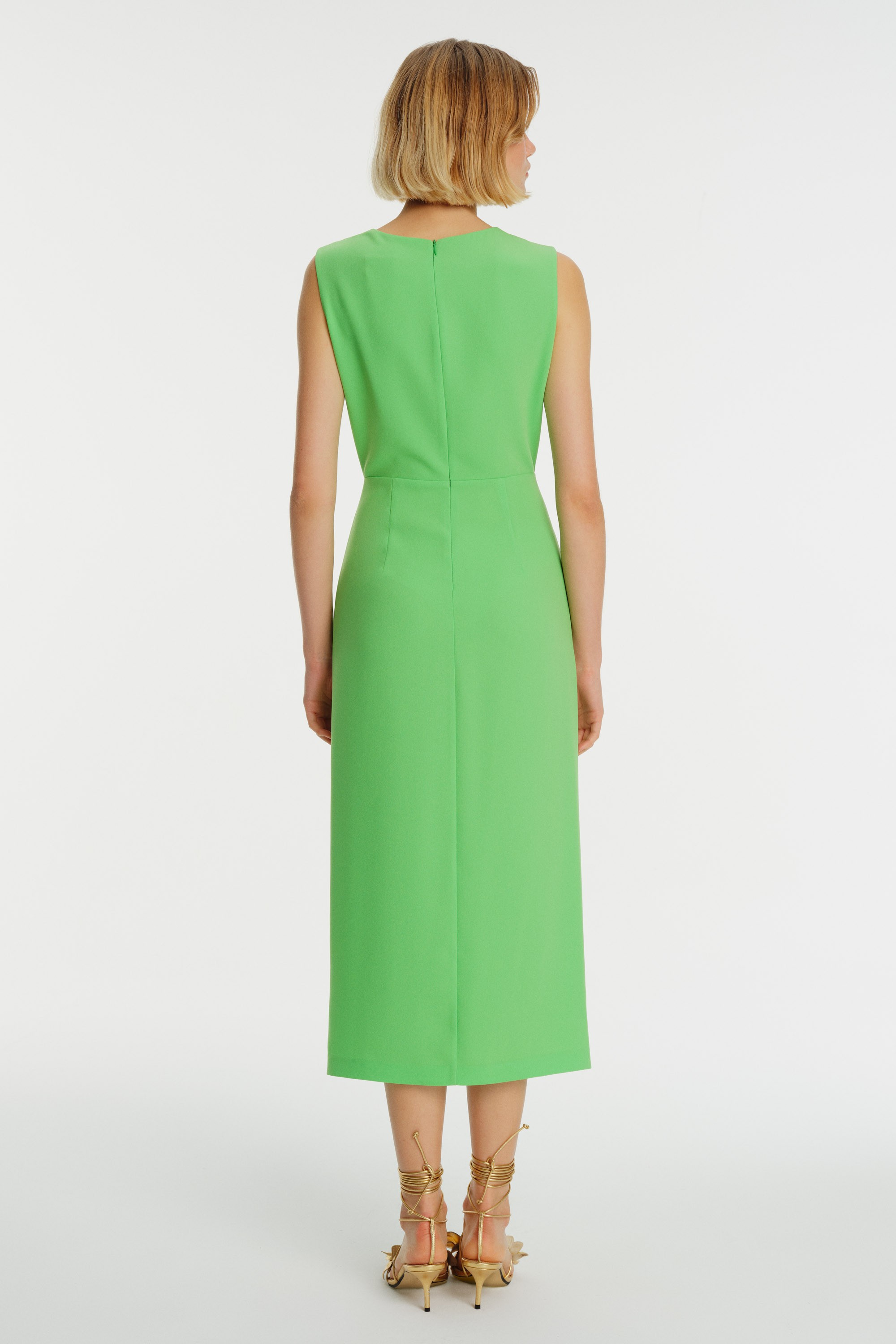 Sleeveless Midi Crepe Dress with Slit Flywheel Detail