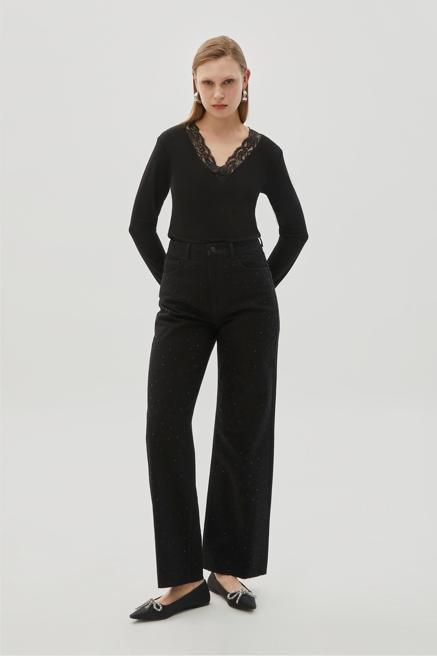 High Waist Wide Legged Stone Detailed Regular Black Denim Trousers