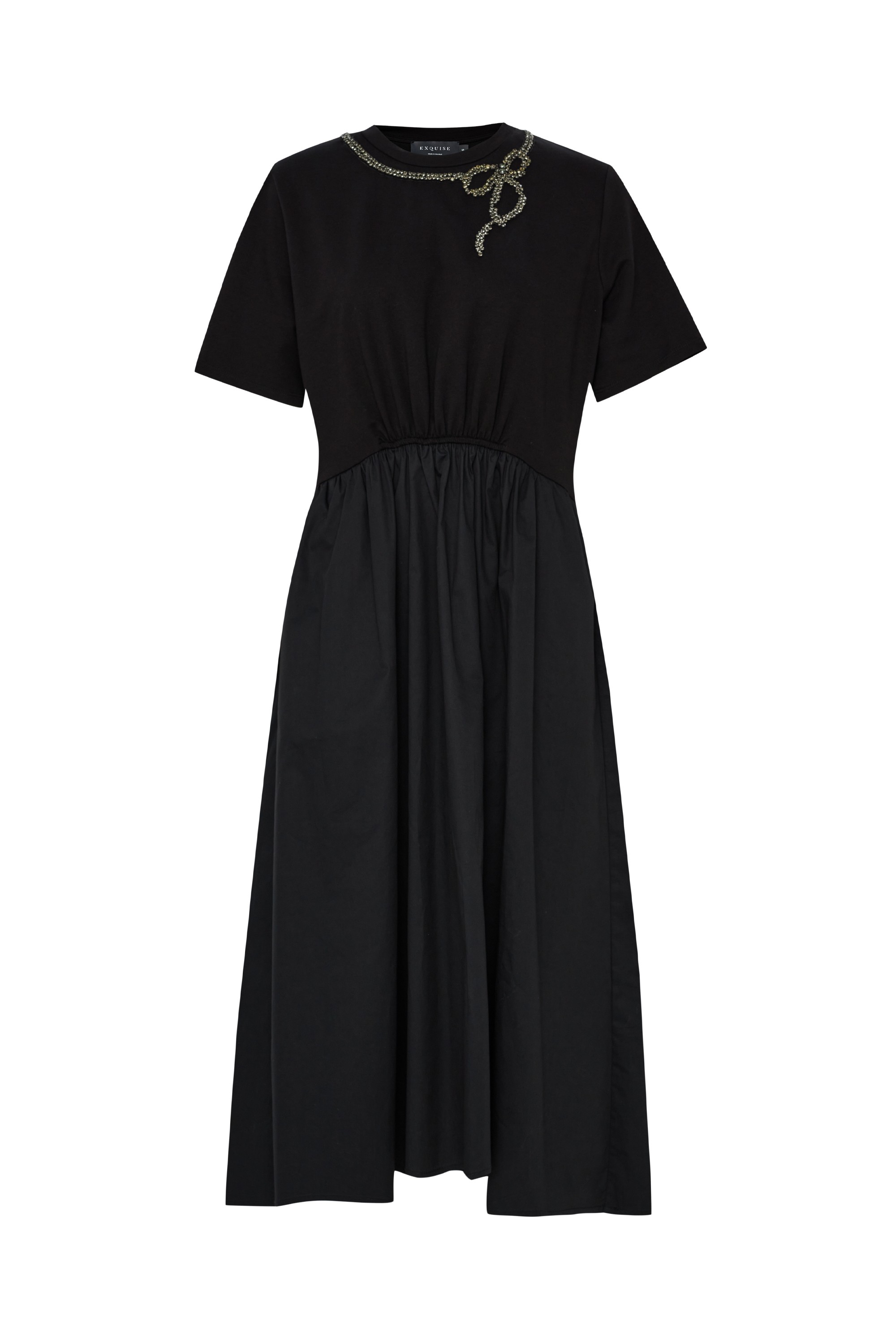 Collar Embroidered Cotton Black Midi Dress