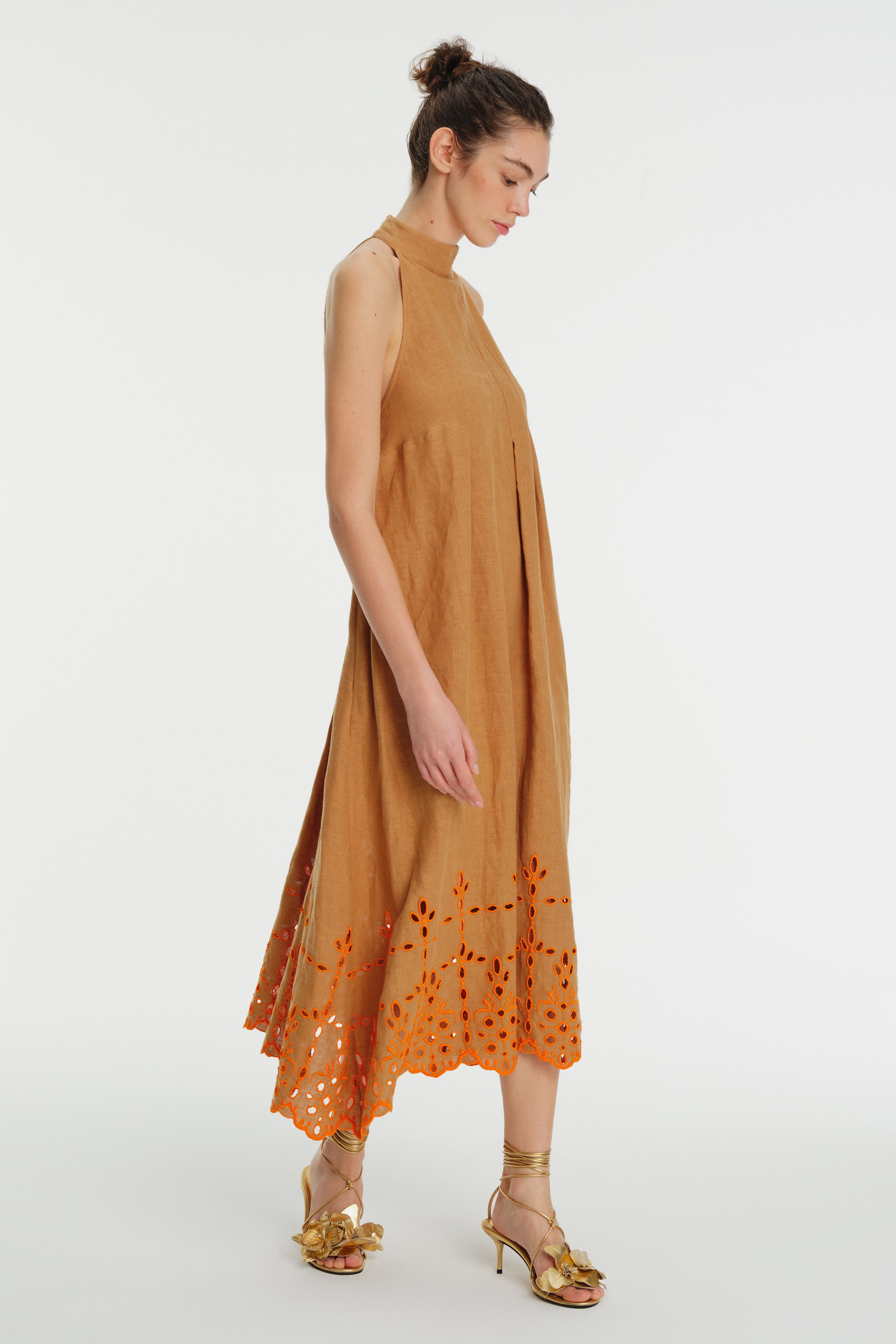 Backless Halter Neck Embroidered Linen Dress