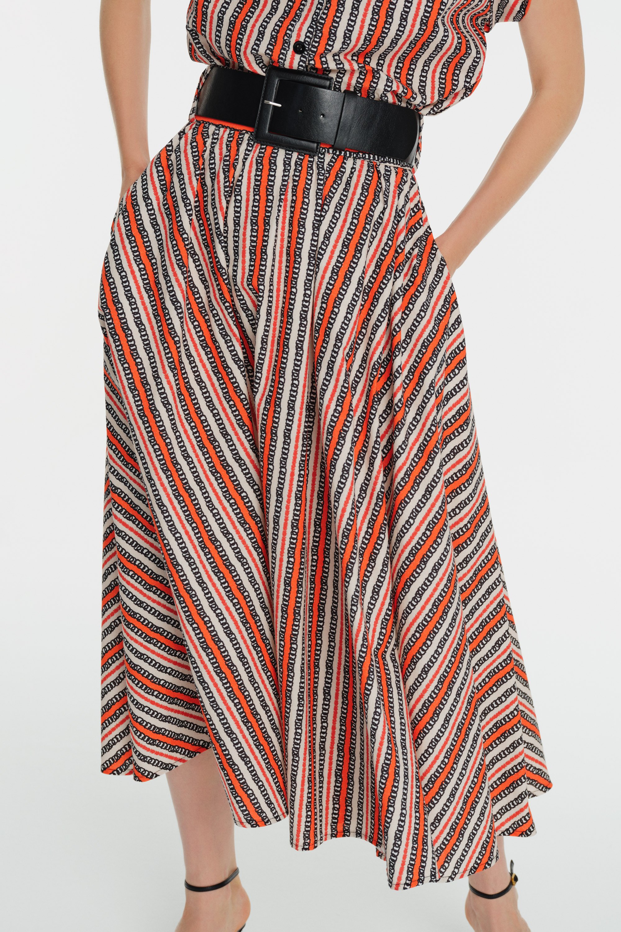 High Waist Line Patterned Poplin Flared Skirt