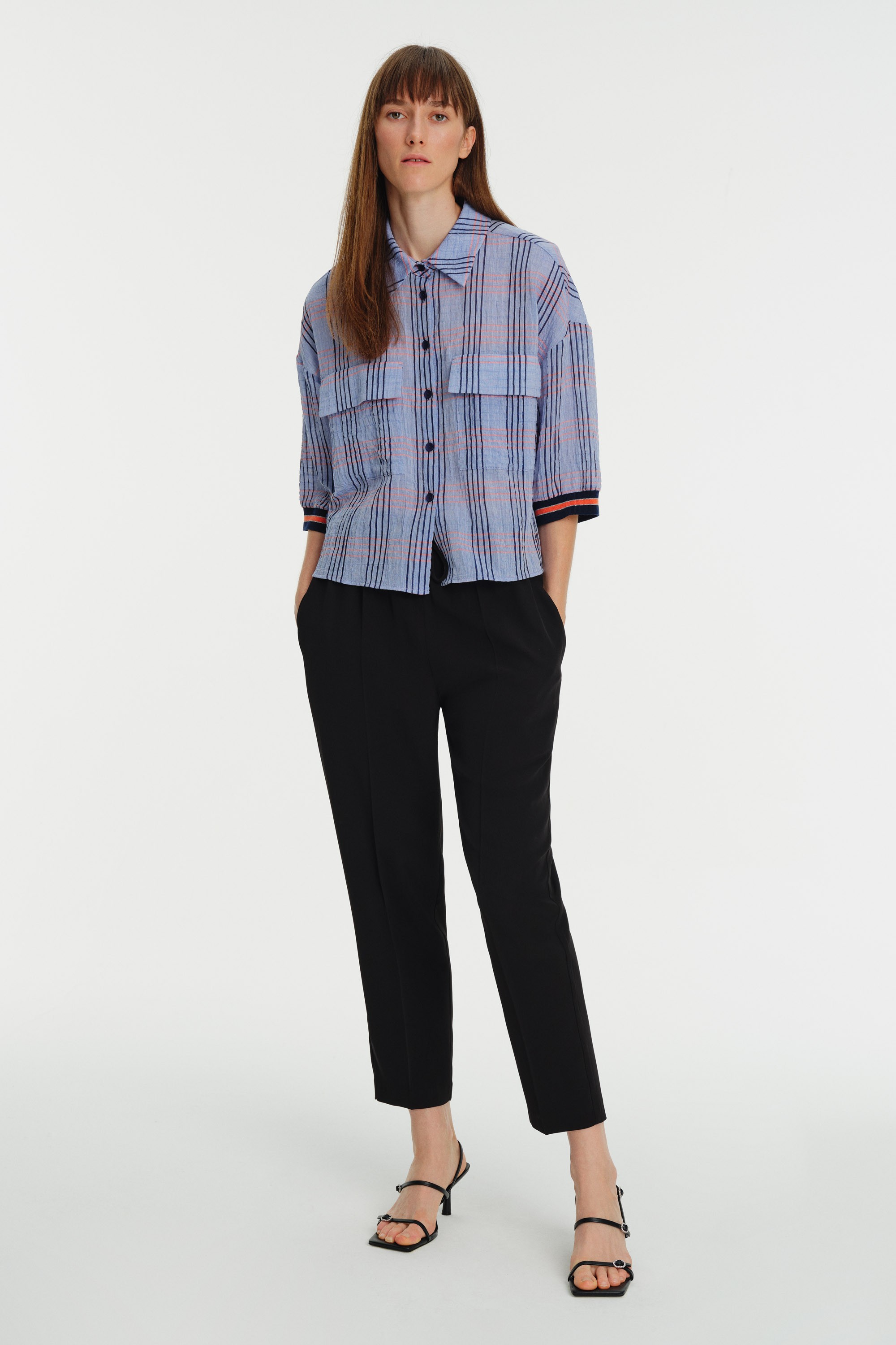 Rib Detailed Trouser Sleeve Plaid Patterned Shirt