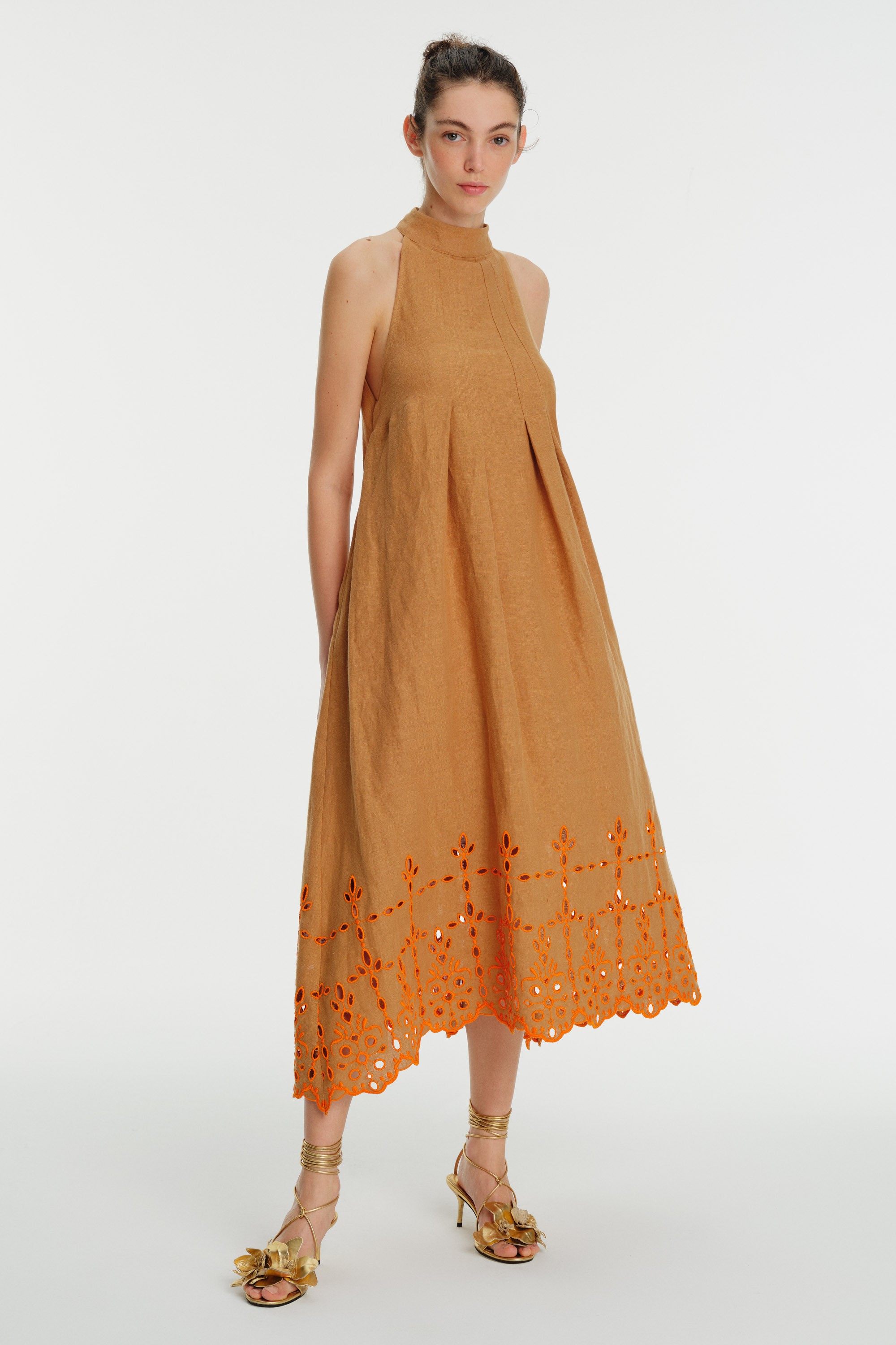 Backless Halter Neck Embroidered Linen Dress