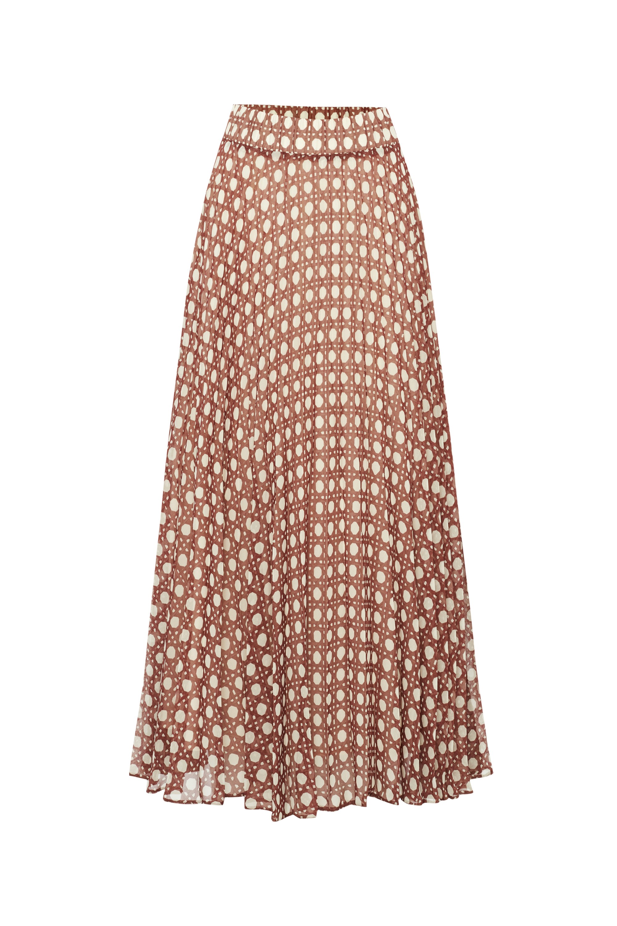 Elastic Waist Pleated Relaxed Fit Midi Patterned Brown Skirt