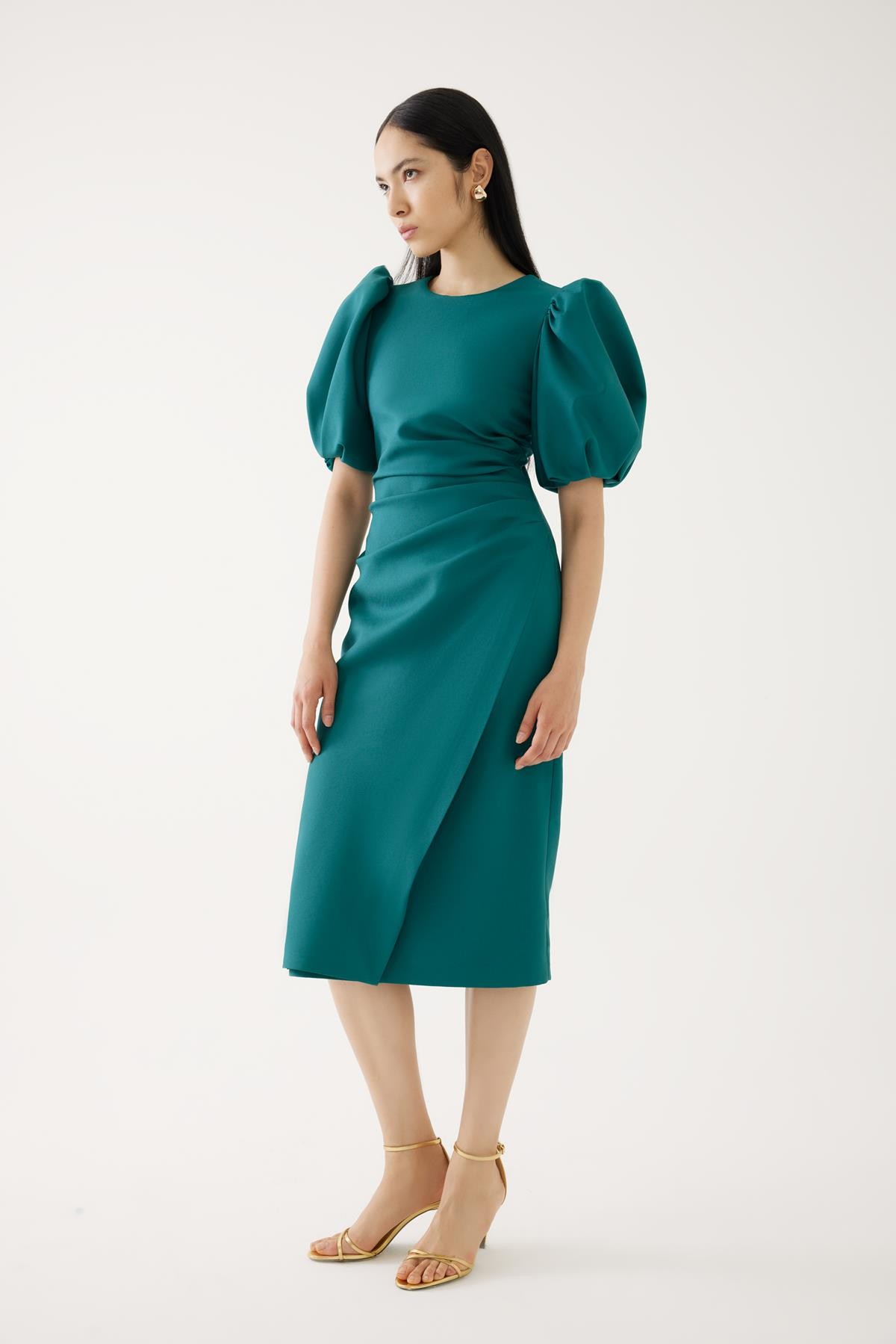 Half Balloon Sleeve Draped Dress