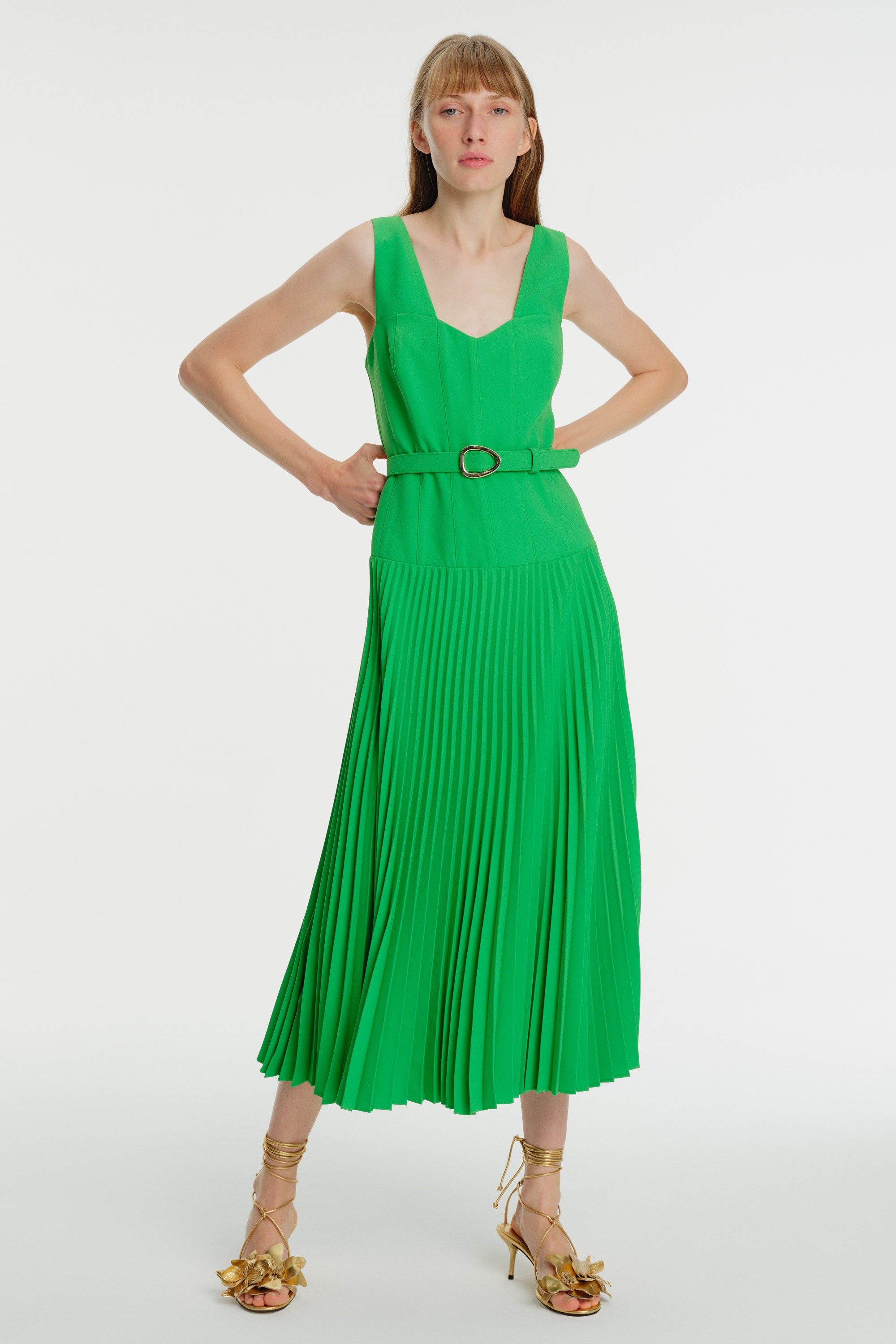 Plisoley Midi Length Crepe Dress with Belt Detail